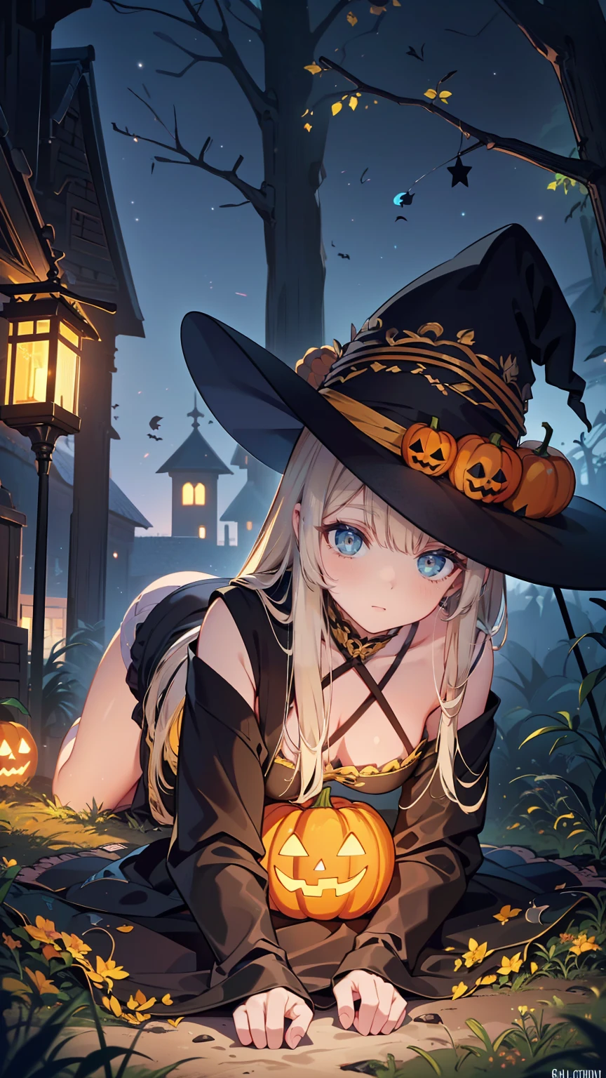 , Composition from head to toe,  full body view,( best quality,4K,8k, high definition ,masterpiece:1.2), super detailed,(Realistic,Photographically,Photographically:1.37), Amazing Beautiful Halloween , beautiful detailed eyes, beautiful detailed lips that boldly lie down,Girl in the Garden, Witch Hat ， Golden Sun Rays , A whimsical atmosphere ,Pumpkin field,Spooky Forest,full moon,Shadows and Reflections , Stars and Galaxies in Space , fallen leaves, Mischievous Ghosts , corn candy , Amazing Beautiful Halloween , Magical Lanterns ,Smoke and Mist , Spooky Crawling Creatures ,Witch's Potion ,Haunted House, spider webs ,Witch&#39;s Broom, Scary Pumpkins ,Black Cat, funny trick or treat scenes, Glittering Fireworks ,Moonlit Night, Dark and Mysterious Atmosphere , Eerie Voices and Whispers , from afar You can hear ren laughing , Skeleton Dancing with Jack O Lantern , Fascinating Spells and Magic ,A compelling story, Eerie Delights and Festivals ,超Realisticな体験， anatomically correct， delicate facial features