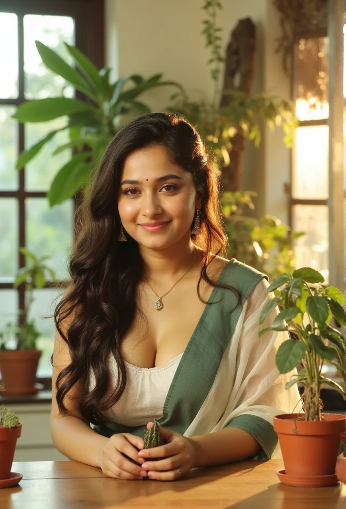 Indian woman Surrounded by lush greenery and potted plants, she leans over a rustic wooden table, delicately planting a tiny succulent, huge breast and huge cleavage . Her curls are partially tied back, with strands framing her face as she smiles softly. She wears an saree, catching the sun streaming through glass panes above. The setting glows with golden green light, and the color palette is a blend of sage, soft cream, and amber, giving a warm, peaceful atmosphere
