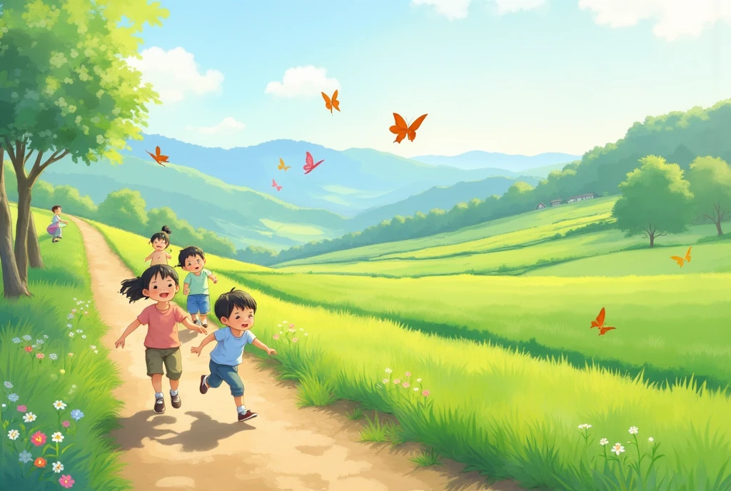 a pastoral idyll, lush green rice paddies in a valley, boys and girls running along dirt paths, chasing butterflies, watercolor painting, beautiful detailed eyes, beautiful detailed lips, extremely detailed eyes and face, long eyelashes, countryside landscape, rural scene, natural light, soft colors, peaceful atmosphere, tranquil, serene, (best quality, 4k, 8k, highres, masterpiece:1.2), ultra-detailed, (realistic, photorealistic, photo-realistic:1.37), studio lighting, ultra-fine painting, sharp focus, physically-based rendering, extreme detail description, professional, vivid colors, bokeh