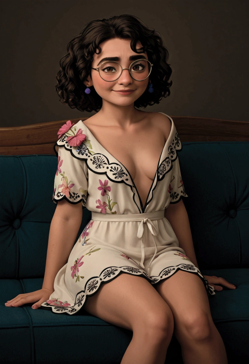 MirabelM, glasses 1girl, full nude dressing gown sitting on sofa smirk 