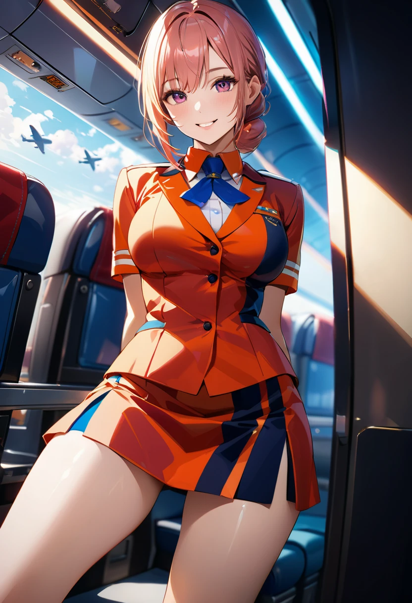 masterpiece,best quality,ultra detailed,8K,super fine illustration,highly detailed beautiful face and eyes,perfect anatomy,professional lighting,1 flight attendant,(solo:1.3), microskirt and boots uniform,orange and pink dress,smile,airplane interior,dynamic angle,depth of field,chromatic_aberration,very aesthetic,absurdres,