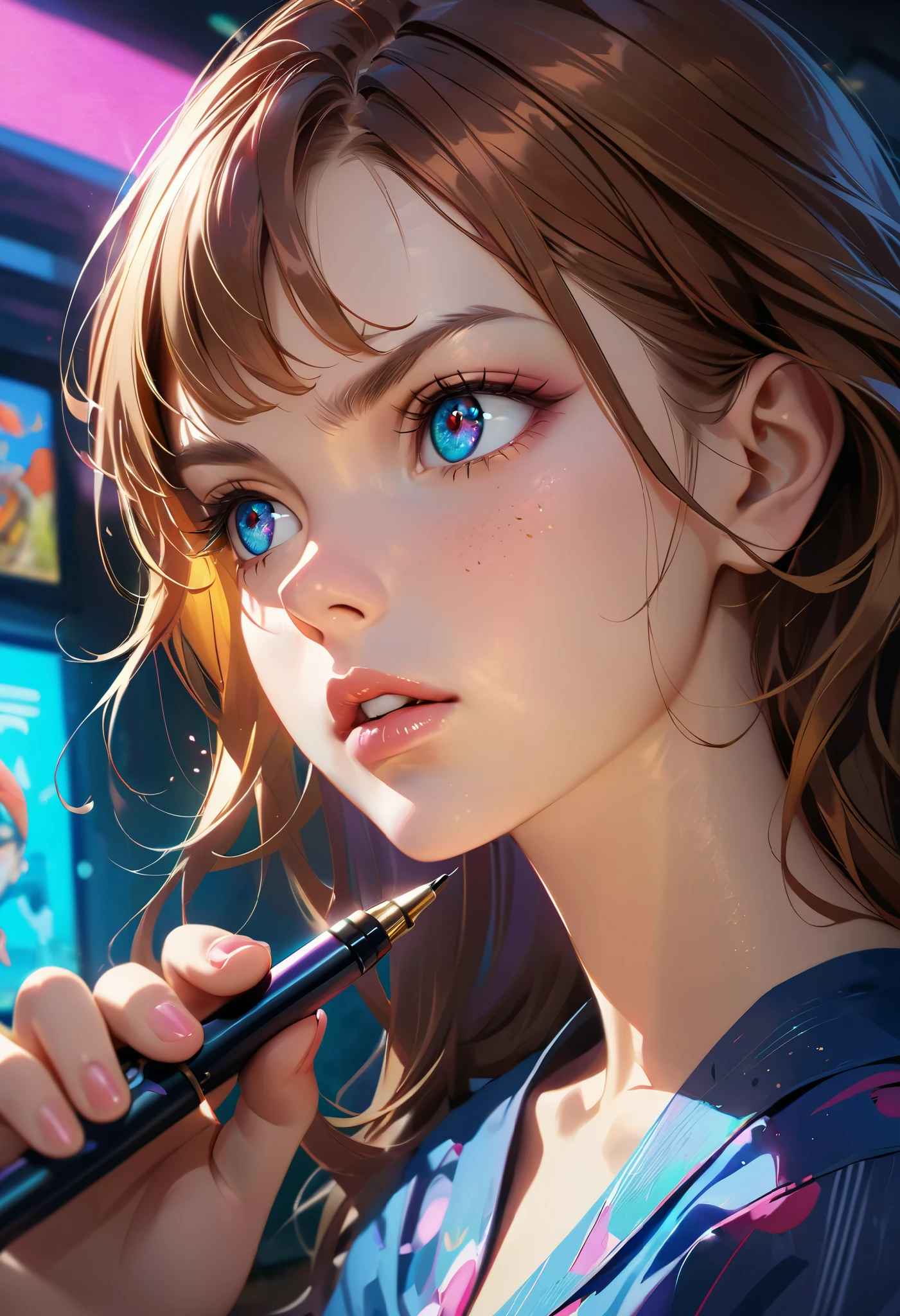 1girl, beautiful detailed eyes, beautiful detailed lips, extremely detailed eyes and face, long eyelashes, brown hair, mullet, comic artist, illustrator with pen in hand, frustrated, grumpy, sullen, angry, watching someone happy, seeing illustrations generated by generative AI, digital illustration, vibrant colors, dramatic lighting, cinematic composition, dynamic pose, intricate details, hyper-realistic, award-winning digital art, stunning 8k resolution