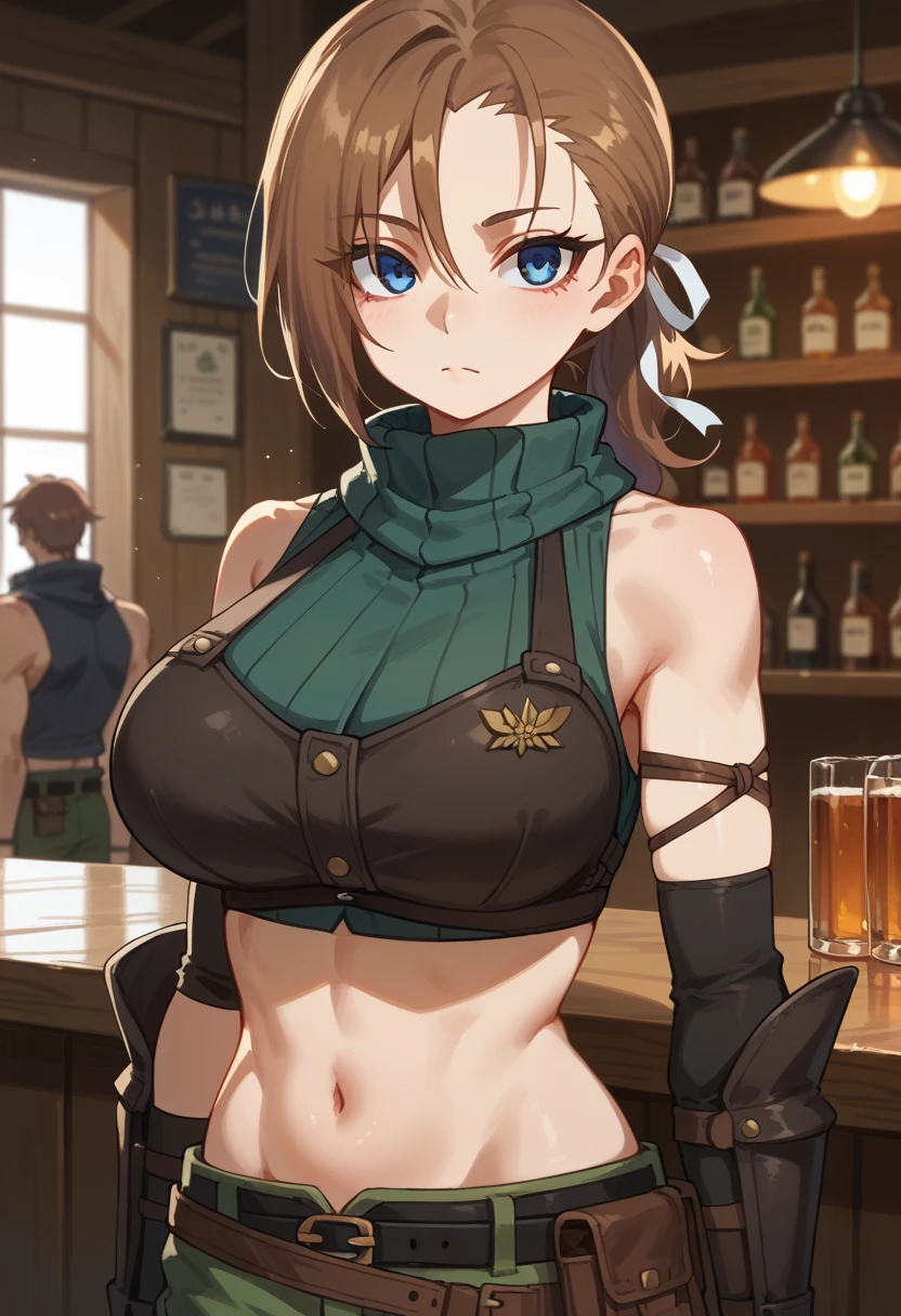 1girl, solo, RhudaRunebeck, long hair, asymmetrical bangs, brown hair, low ponytail, short ponytail, white ribbon, blue eyes, 
turtleneck, sleeveless, ribbed shirt, green shirt, crop top, breastplate, navel, elbow gloves, fingerless gloves, black gloves, arm guards, 
black belt, belt pouch, short shorts, green shorts, 
bar