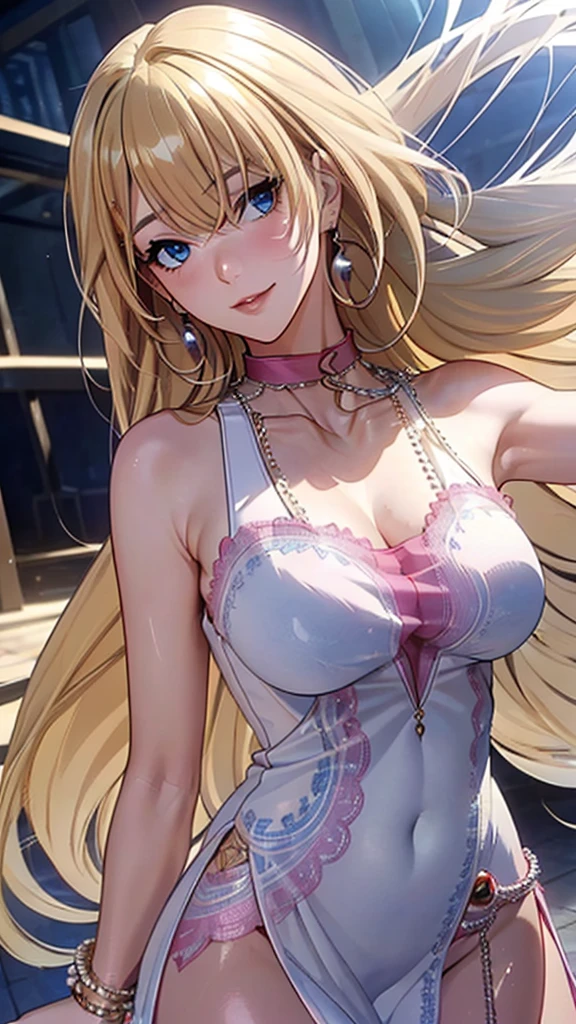 A masterpiece of the highest order, ultra high precision, ultra high image quality, 8K quality, realistic anime style, a woman, a perfect woman with the best anatomical and ergonomic face and body, a well-proportioned face and body, (((Long hair:1.3))), (((Blue colored highlights hair:1.2))), (((shiny Blonde hair:1.2))), (((long bangs:1.2))), a slim face, ((narrow deep clear Blue eyes:1.2)), (((deep glossy and shining eyes))), (((eyes with highlights))), (((very long eyelashes))), thin red lips, a tall and slender body, (very large and heavy breasts:1.4), tight waist, large hips, white skin, moist and lustrous skin, (((Sexy Pink dress))), (((slit Lace Dress:1.2))), (((large earrings))), (((Pearl necklaces:1.2))), (((bangles, rings))), (((beautiful smile))), mysterious atmosphere, great presence, ((upper body, sexy pose))
