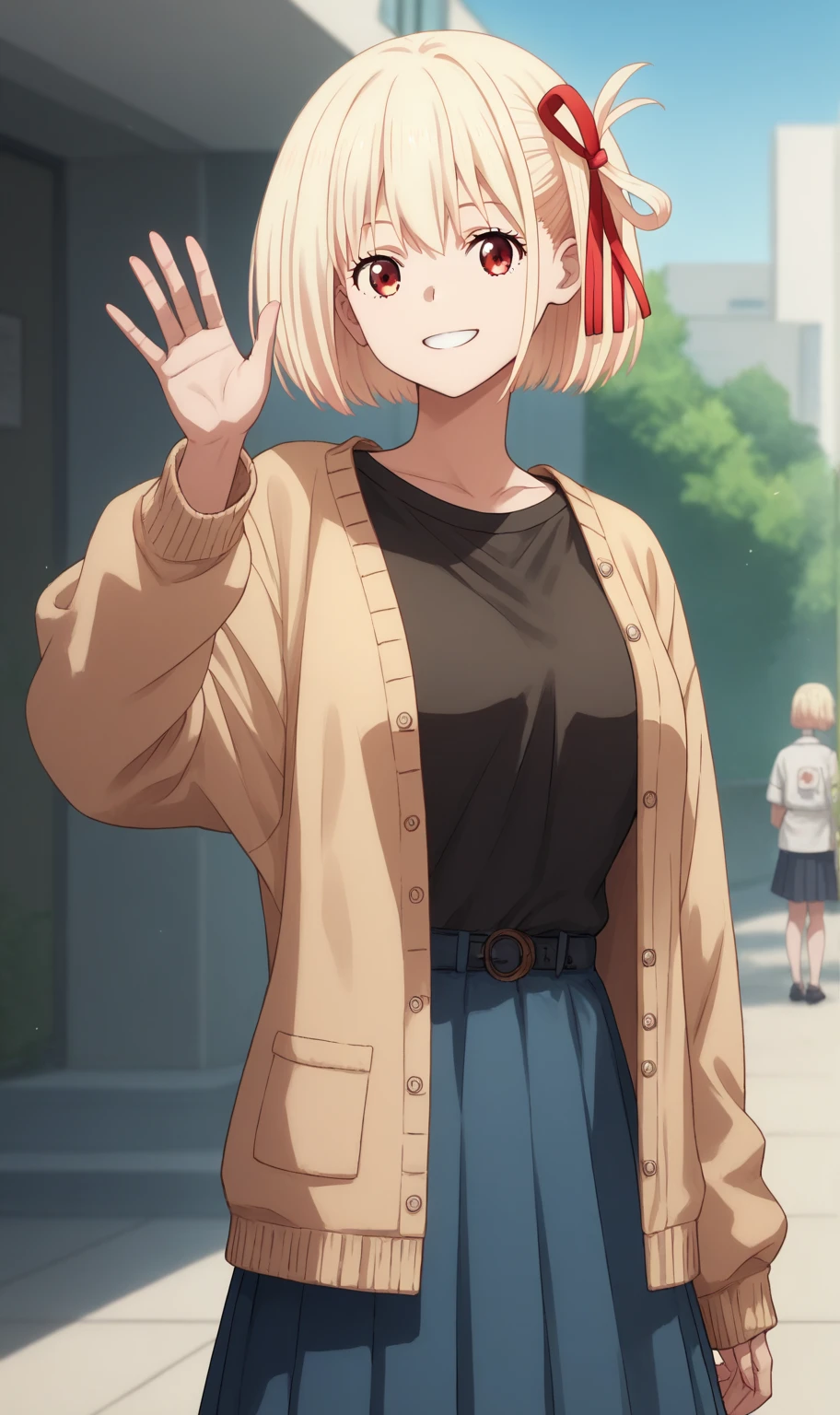 chisato nishikigi, short hair, bangs, blonde hair, red eyes, hair ribbon, one side up, bob cut, large breast, black t-shirt, long cardigan, light cardigan, wrap skirt, smile, waving, outdoor, residential area, solo, (masterpiece, best quality, high resolution, ultra-detailed:1.3), perfect fingers, detailed background, anime