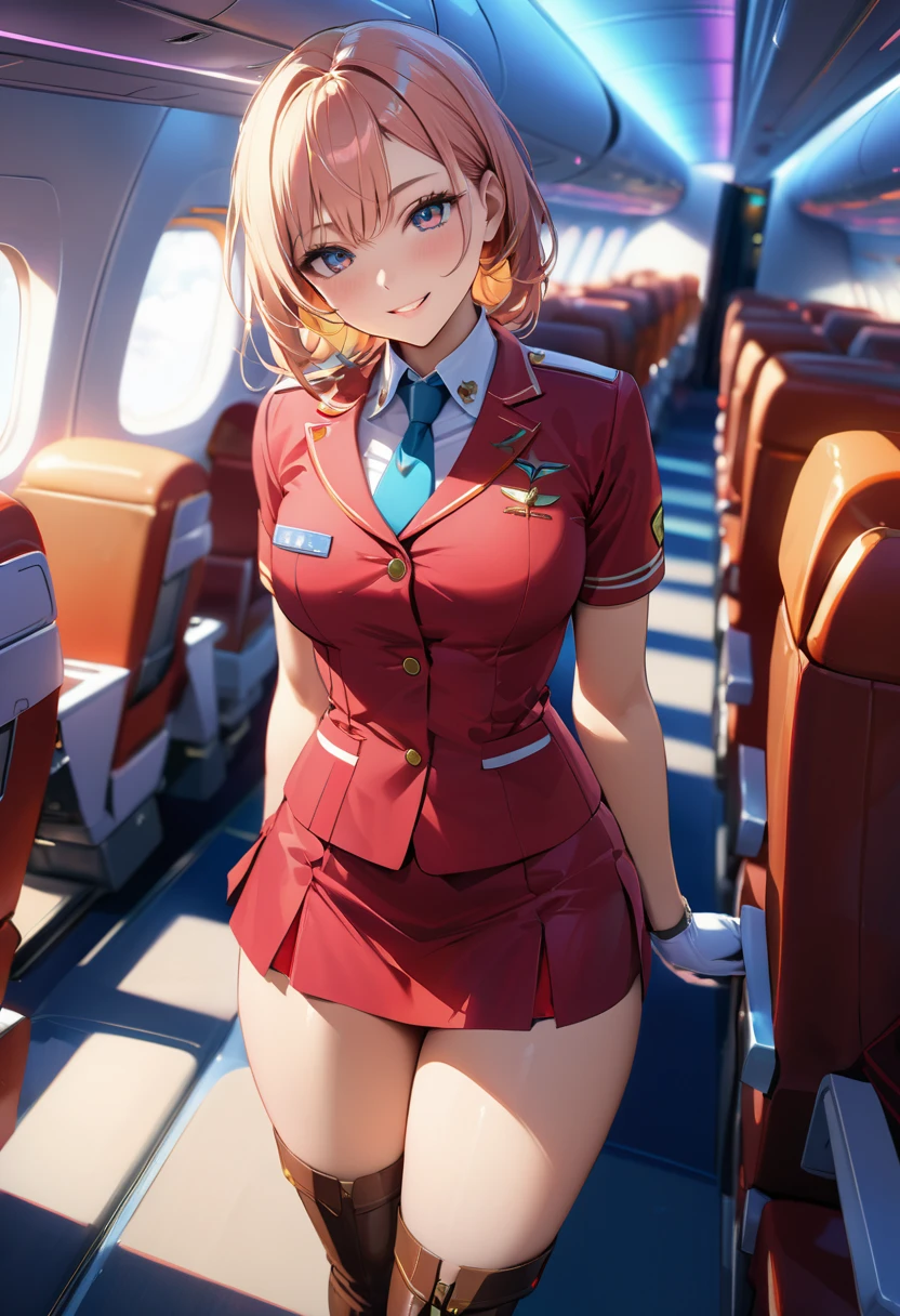 masterpiece,best quality,ultra detailed,8K,super fine illustration,highly detailed beautiful face and eyes,perfect anatomy,professional lighting,1 flight attendant,(solo:1.3), microskirt and boots uniform,orange and pink dress,smile,airplane interior,dynamic angle,depth of field,chromatic_aberration,very aesthetic,absurdres,