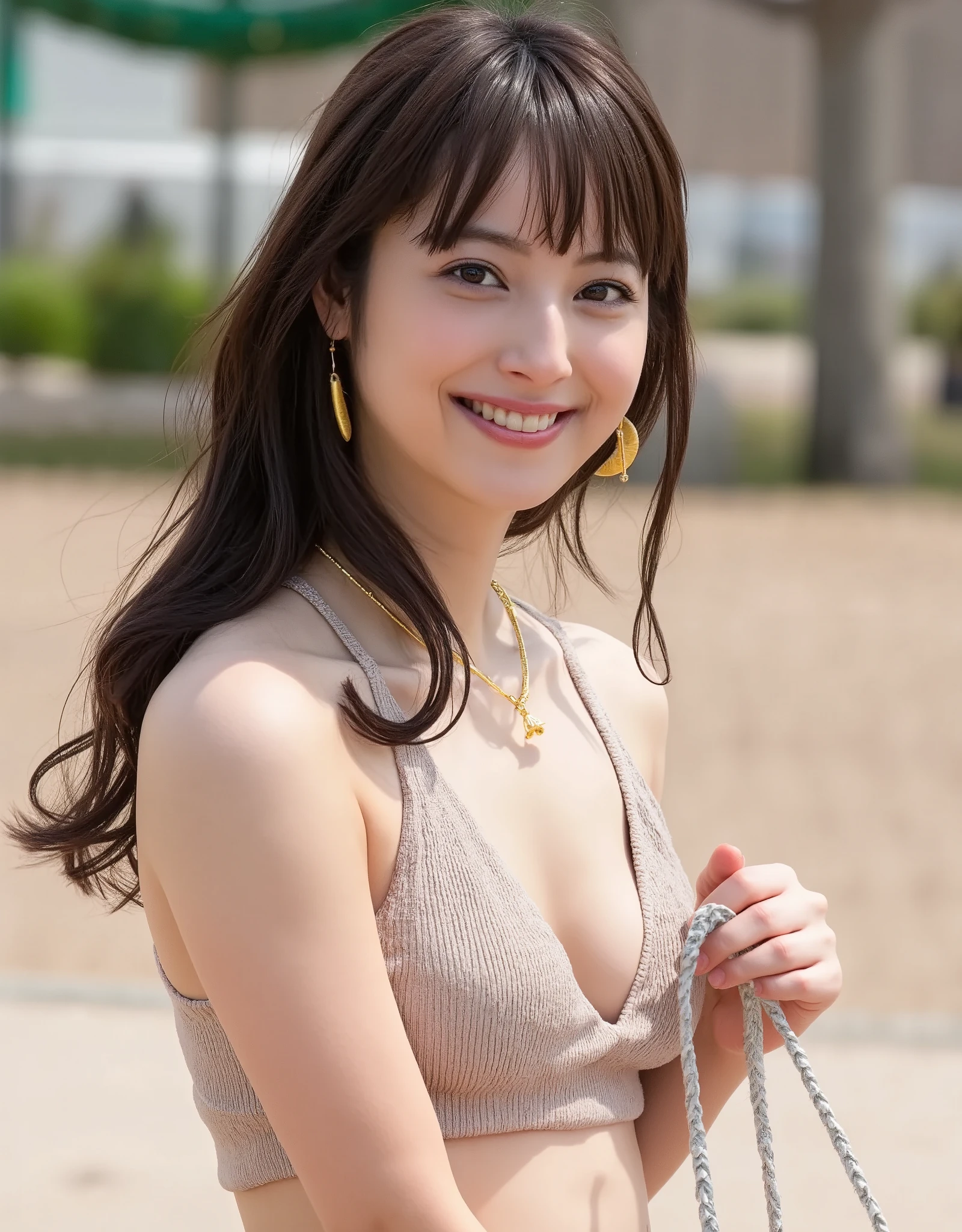 There is a mature 24-year-old woman (Nozomi Sasaki), she has shiny black hair (soft wavy long ponytail hair with bangs down: 1.4), her body is well-proportioned, and her breasts are beautifully shaped with a C cup size: 1.5, the location of the woman is (park square) with beautiful natural daylight lighting, the woman is wearing (beige tank top and shorts: 1.6) and (necklace), the woman is (smiling) looking at me, (front view of a woman standing) generated with (cowboy shot: 1.6), it is a highly saturated and realistic (full screen image),