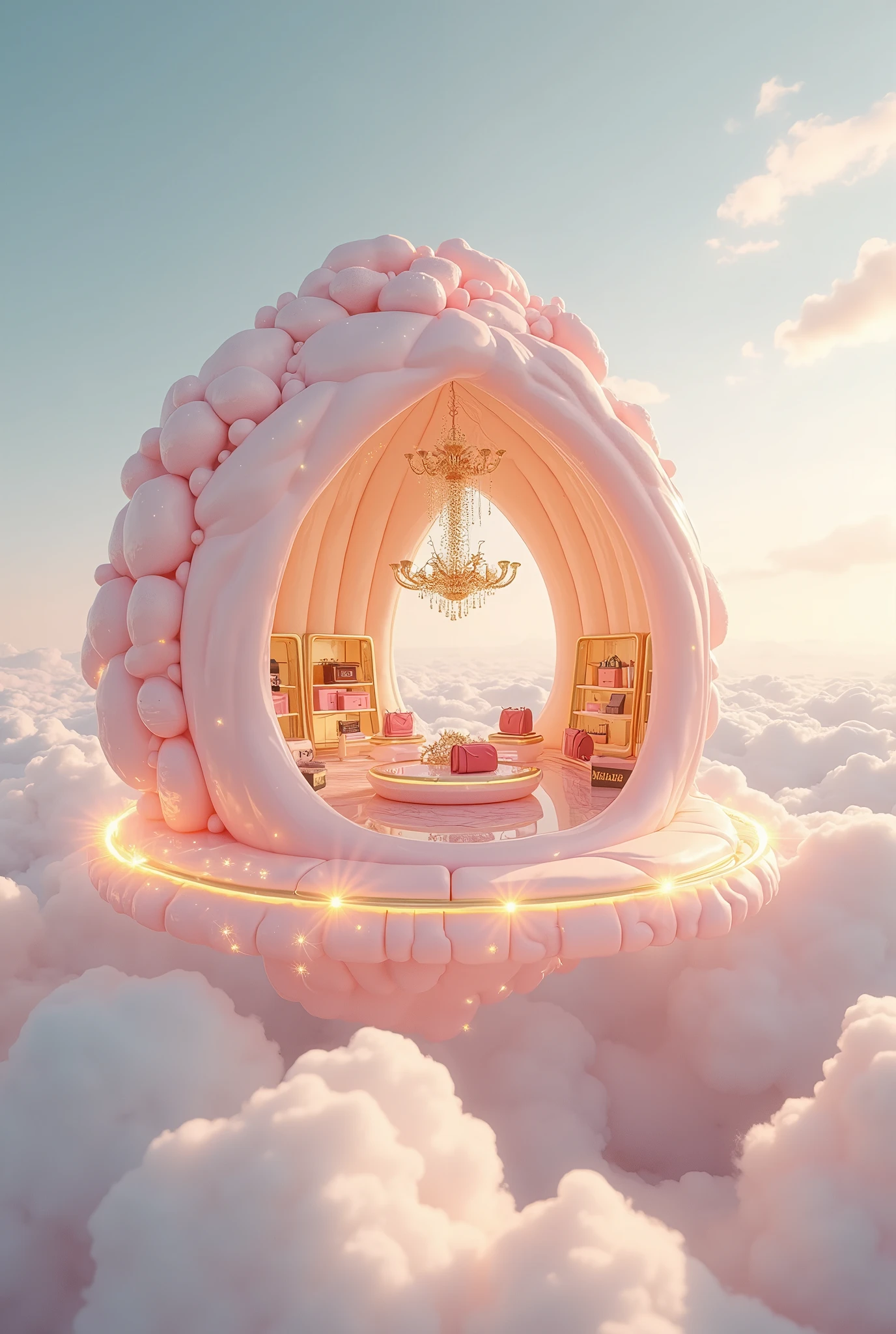 An impossible boutique inspired by Miu Miu, floating high in the sky above clouds. The building takes the shape of a pastel pink and cream-colored gemstone, hovering magically with golden accents that shimmer in the sunlight. The structure has no traditional entrance but is surrounded by a glowing ring of fairy lights. Inside, glimpses of luxurious displays float freely in zero gravity: handbags, shoes, and accessories suspended in mid-air. Soft, ambient light filters through translucent walls, creating a dreamy, ethereal atmosphere. The clouds below glow in pastel hues, blending seamlessly with the surreal aesthetic. A whimsical chandelier, shaped like cascading stars, hovers at the center of the space, amplifying the fantastical charm. The environment is cinematic, ultra-detailed, and embodies a playful, otherworldly elegance, reflecting the Miu Miu brand essence. Designed for TikTok's 9:16 aspect ratio, in ultra-high-resolution 8k.