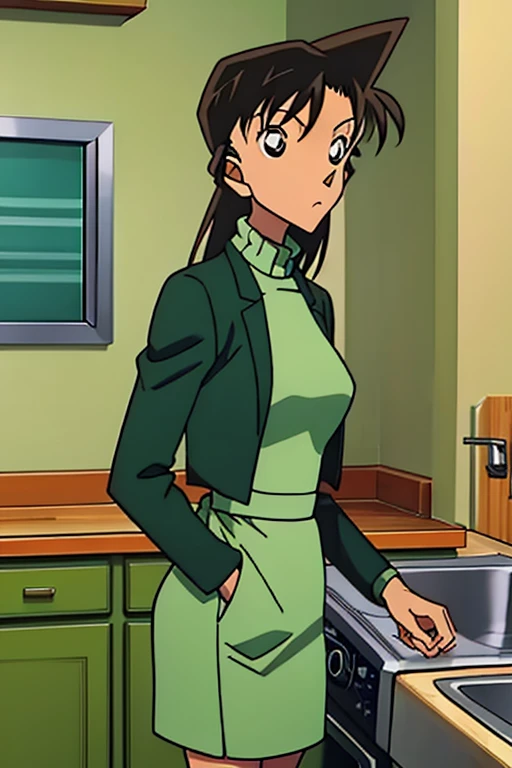 {{{mouri ran}}},{{{Detective Conan}}},{{{long hair}}},{{{official style}}},{{{adult}}},green dress one-piece dress,turtleneck green miniskirt, {light green cropped mini jacket},{light green cropped jacket},green socks,sink,laundry,kitchen,bringing upper body to the sink,open