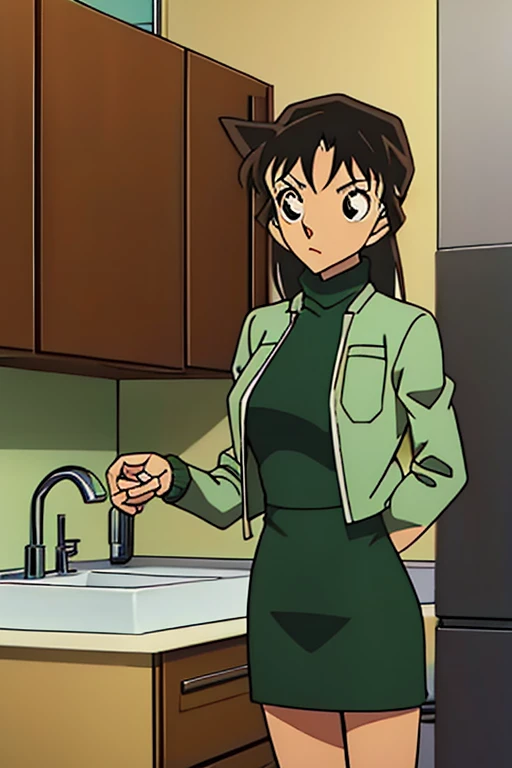 {{{mouri ran}}},{{{Detective Conan}}},{{{long hair}}},{{{official style}}},{{{adult}}},green dress one-piece dress,turtleneck green miniskirt, {light green cropped mini jacket},{light green cropped jacket},green socks,sink,laundry,kitchen,bringing upper body to the sink,open