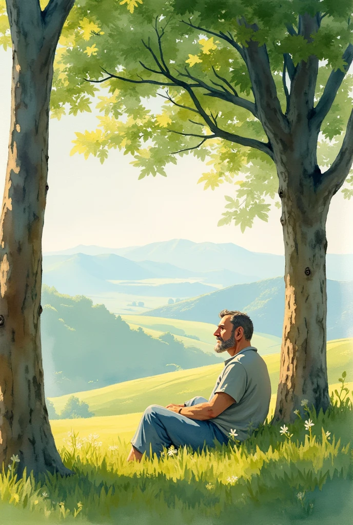 1 man, farmer, resting, shade, trees, watercolor painting, (best quality,4k,8k,highres,masterpiece:1.2),ultra-detailed,(realistic,photorealistic,photo-realistic:1.37),HDR,UHD,studio lighting,ultra-fine painting,sharp focus,physically-based rendering,extreme detail description,professional,vivid colors,bokeh,landscape,natural light,peaceful,tranquil,idyllic,serene,earthy tones,soft colors