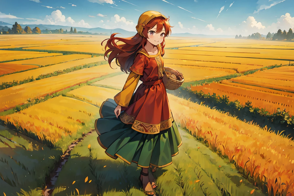  Golden Rice Paddies,  Calm Autumn Skies , Warm color , The joy of harvest, Vegetable Basket , Quiet Smile, Coexistence with nature, Maribel, red hair,
hood, long green dress, long sleeves,
short sleeves