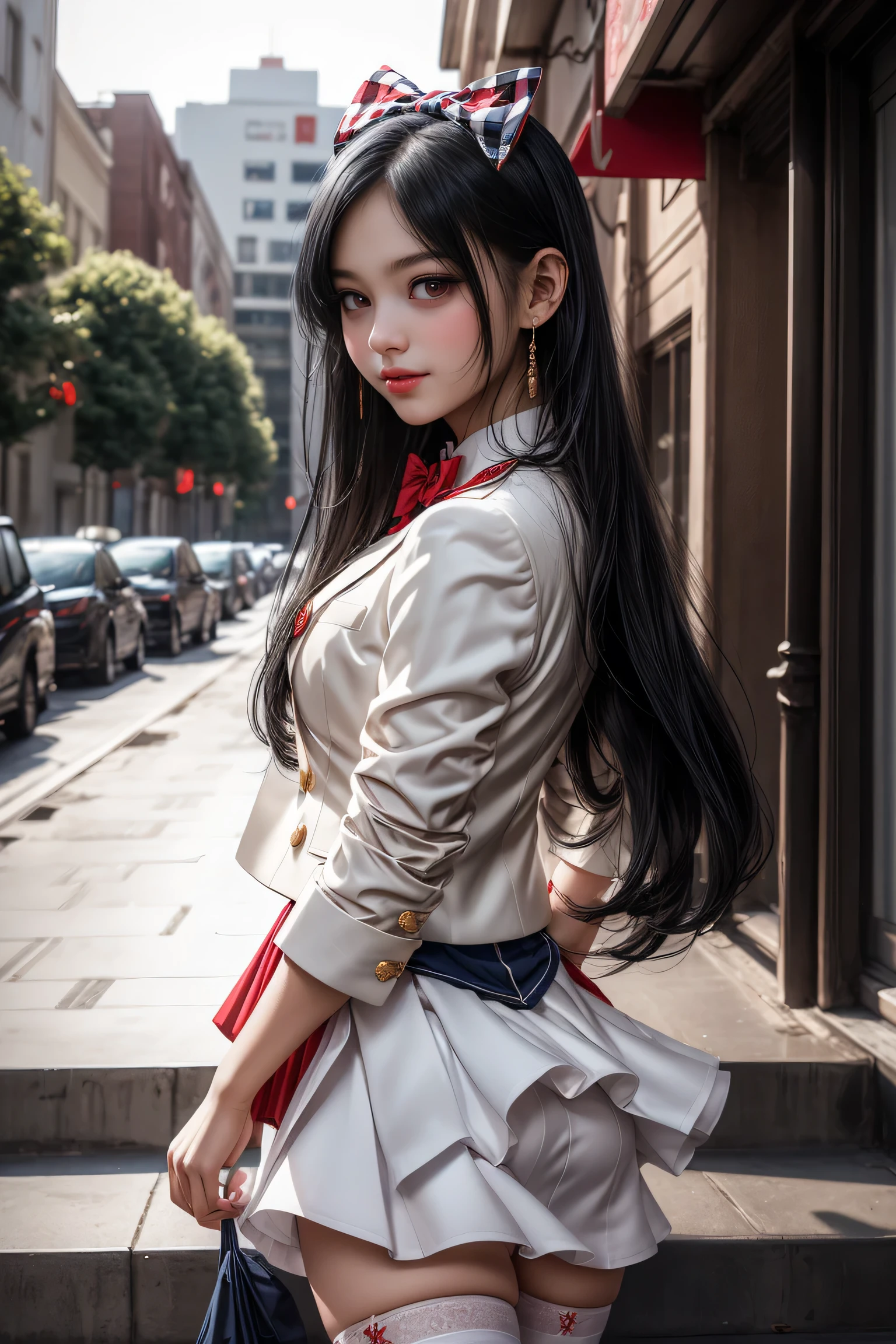 1girl in, Dark blue hair, Bangs, Long hair, Sparkling eyes, longeyelashes, makeup, lightsmile, depth of fields, One-person viewpoint, close-up, From below, wide angles, F/1.8, 135 mm, canon, nffsw, retinas, masutepiece, ccurate, Anatomically correct, Textured skin, Super Detail, high details, High quality, Best Quality, hight resolution, 1080p, 4K, 8K,(Female student climbing the stairs of school),46-point diagonal bangs,female students、((uniform: White blazer with emblem on the chest))、Translucent white blouse、(red bowtie)、((Miniskirts in bright colors,Check stripe)()、A smile,((Skirt soars in the wind)),((White lace panties are visible)),((posterior view)),((Looks Back))、