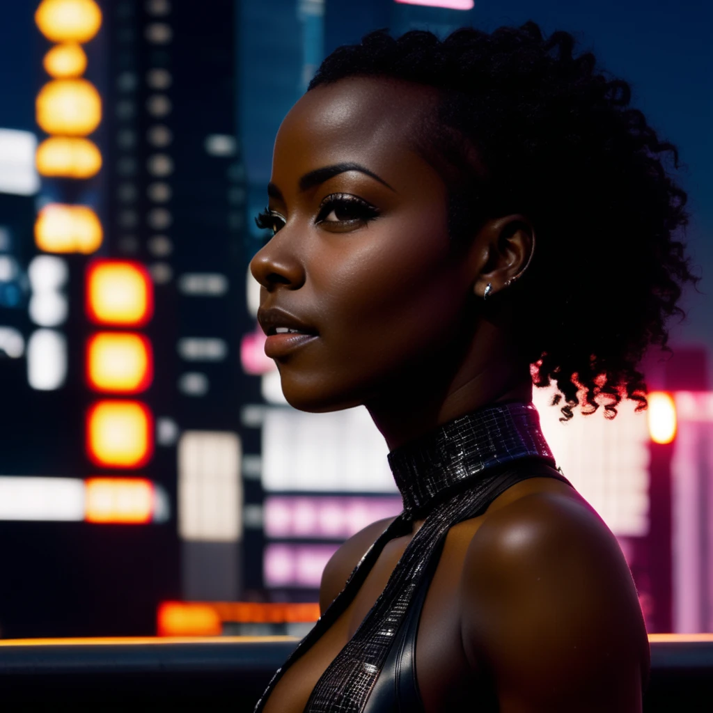 (masterpiece, best quality, ultra realistic, foto RAW), analog film:  extreme closeup photo of a young woman xlsanaa, Dark skin,  full body shaved black frizzy hair , shaved side of head ,  smiling,  cleavage,   looking at the viewer , cyberpunk city, realistic, sharp focus, 8k high definition,  incredibly detailed , intricate, elegant, Closed mouth  