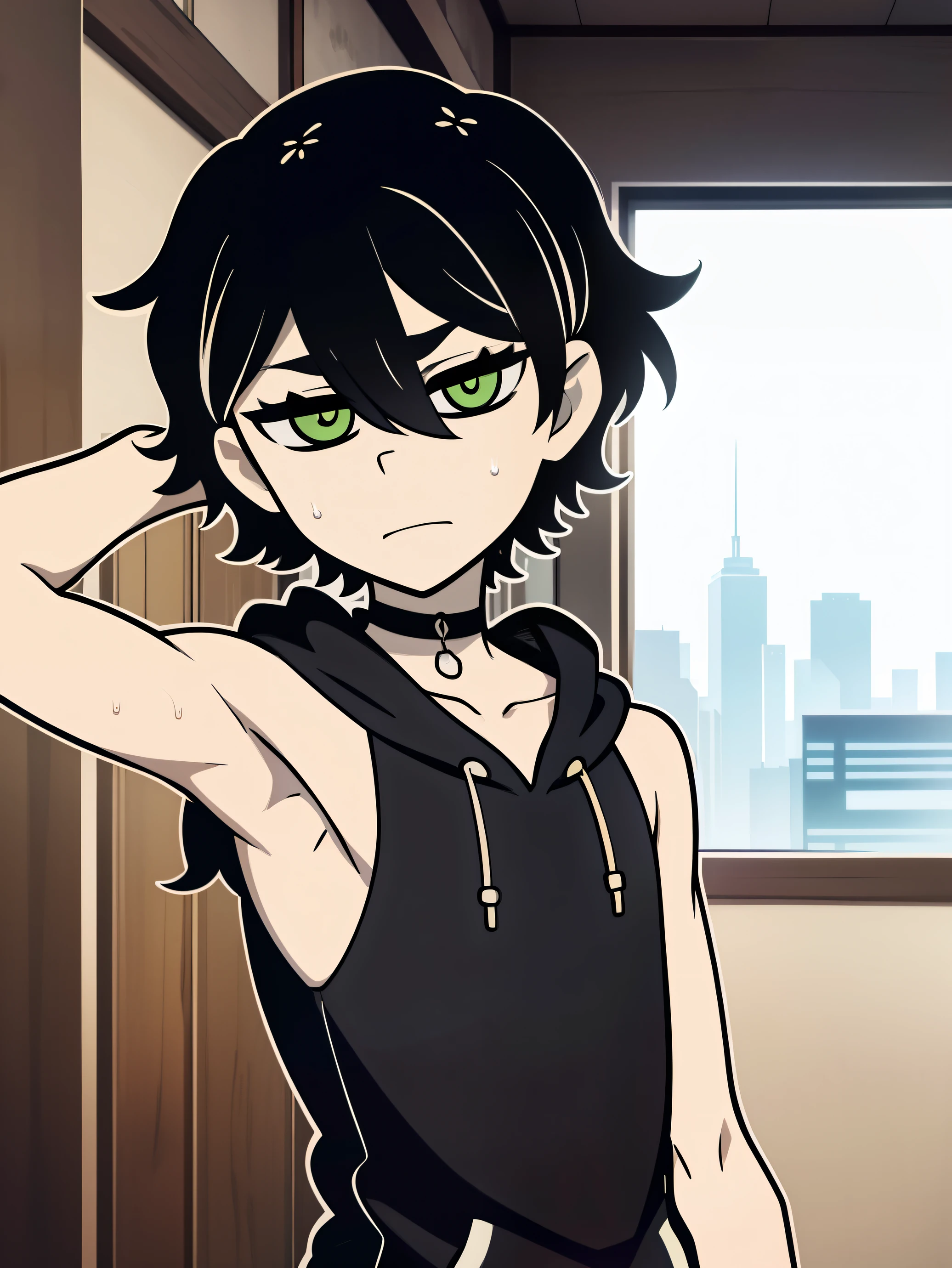 Highres, Masterpiece, Best quality at best,Best Quality,hight quality, hight detailed, Anime style, 1boy, Shota, Young boy, Young andy graves, hair between eyes, closed mouth,black hair, green eyes, Slim body, messy hair, look at viewer, Sleeveless hoodie, Bare shoulder, choker, upper body, White beckground, bright pupils, outline, white pupils, white outline, bold outline, (Showing armpit:1.3), Cute armpit, hansome boy, (Look like young boy), White beckground, hansome boy, Uhd, bokeh, sweat