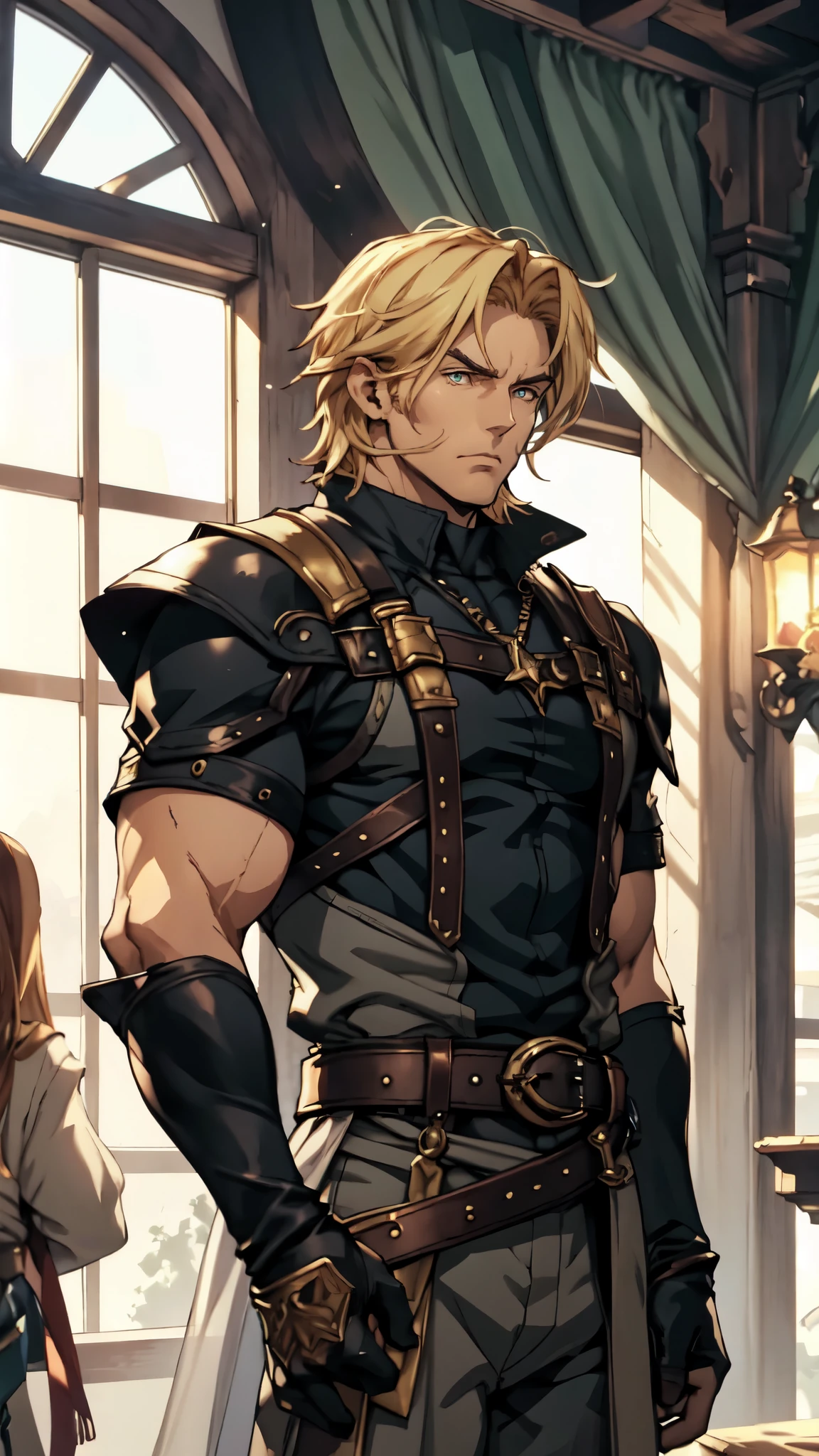 (masterpiece:1.2, best quality:1.2, extremely delicate:1.2), ((male:1.5)), a middle-aged man with short tousled golden hair, deep-set eyes, sharply defined features, serious expression, luxurious yellow-and-white fantasy-style composite silk satin top, silk ribbon cape around the upper body, small metallic shoulder pads, fabric gloves, a belt adorned with metallic gear decorations, dark hem, white fabric trousers, strolling in a medieval fantasy-style city, this character embodies a finely crafted fantasy-style nobleman in anime style, exquisite and mature manga art style, dramatic, high definition, highres, ultra-detailed, ultra-fine painting, professional, perfect body proportions, golden ratio, anatomically correct, symmetrical face, extremely detailed eyes and face, high quality eyes, creativity, RAW photo, UHD, 32k, Natural light, cinematic lighting, (masterpiece-anatomy-perfect:1.2)