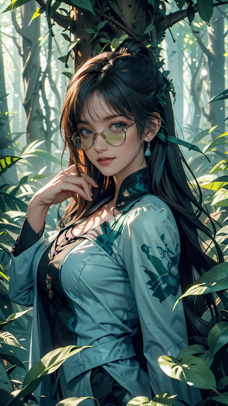 Happy girl, Center,  looking at the camera,  Approaching Perfection , dynamic, (With shades of blue (( forest green 1.5)))),  high definition,  digital painting ,  Art Station ,  concept art in the lower right corner of the line of sight, smooth,  sharp concentration, Illustration,  art Artemis sticker,  detailed face , 4K