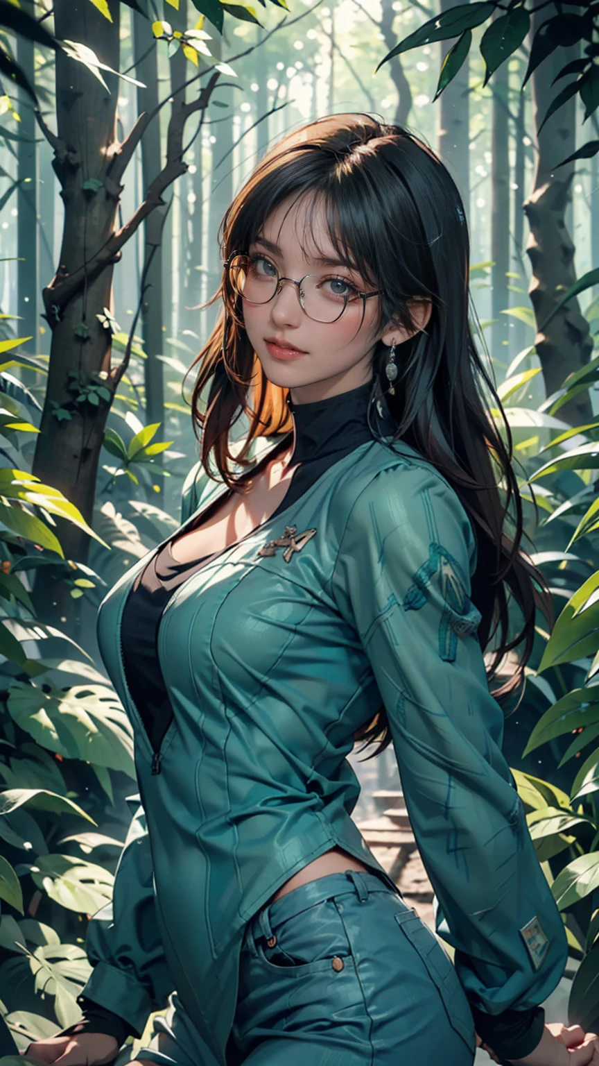 Happy girl, Center,  looking at the camera,  Approaching Perfection , dynamic, (With shades of blue (( forest green 1.5)))),  high definition,  digital painting ,  Art Station ,  concept art in the lower right corner of the line of sight, smooth,  sharp concentration, Illustration,  art Artemis sticker,  detailed face , 4K