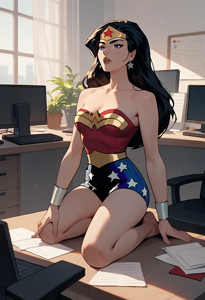 Wonder woman, botas no chã, barefoot, in the office,have a fun, massage in her 