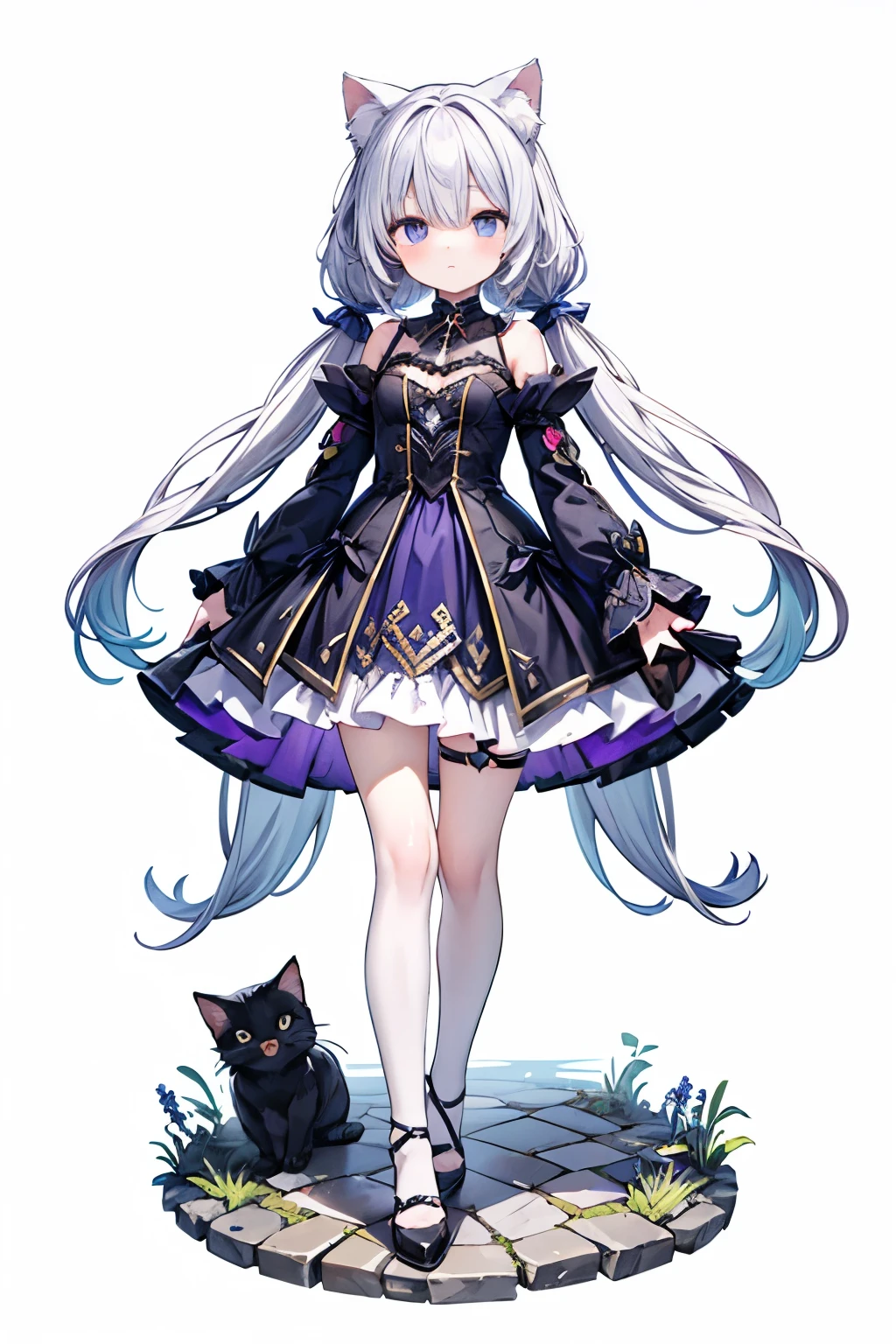 1 girl, masterpiece,(cute illustration:1.2), white background,(fullbody:1.2), standing up),

(White background), (masterpiece, best quality), solo, vtuber-fullbody, full body, (white backgound), 1girl, cat ears, (long hair, low twintails), (gradient hair),(white, blue, purple ,hair color), (beautiful eye), (left eye purple), (right eye blue), fantasy 