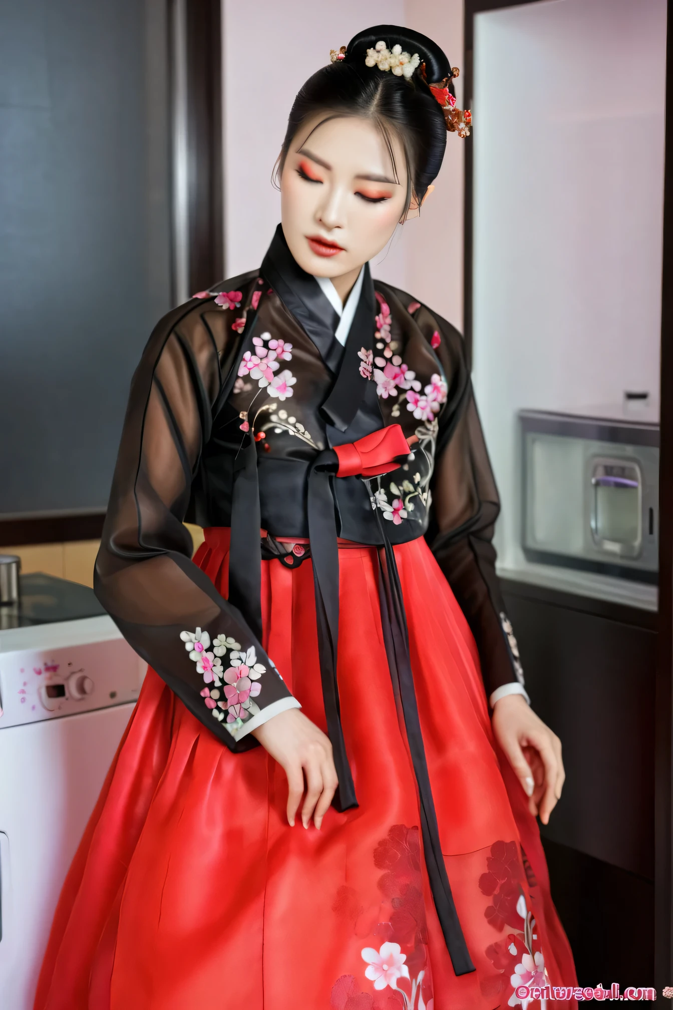 A Korean man in women's hanbok, hi is crossdresser, His face and hairstyle are very masculine, silk, sexy hanbok for sexy women, breasts like a woman, black and red, slender female body, see-through jacket, satin, floral pattern, Brainwashing machine, being brainwashed, eyes closed