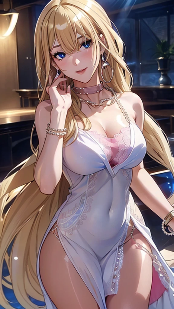 A masterpiece of the highest order, ultra high precision, ultra high image quality, 8K quality, realistic anime style, a woman, a perfect woman with the best anatomical and ergonomic face and body, a well-proportioned face and body, (((Long hair:1.3))), (((Blue colored highlights hair:1.2))), (((shiny Blonde hair:1.2))), (((long bangs:1.2))), a slim face, ((narrow deep clear Blue eyes:1.2)), (((deep glossy and shining eyes))), (((eyes with highlights))), (((very long eyelashes))), thin red lips, a tall and slender body, (very large and heavy breasts:1.4), tight waist, large hips, white skin, moist and lustrous skin, (((Sexy Pink dress))), (((slit Lace Dress:1.2))), (((large earrings))), (((Pearl necklaces:1.2))), (((bangles, rings))), (((beautiful smile))), mysterious atmosphere, great presence, ((upper body, sexy pose))
