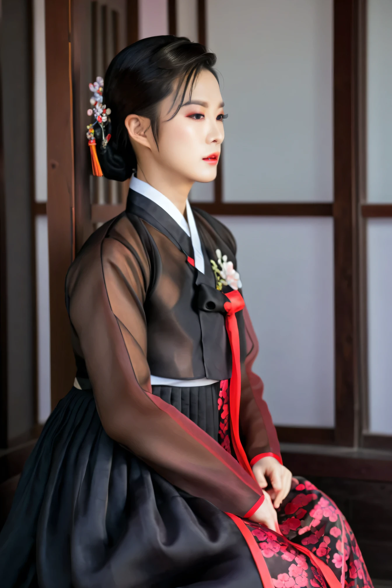 A Korean man in women's hanbok, hi is crossdresser, His face and hairstyle are very masculine, silk, sexy hanbok for sexy women, breasts like a woman, black and red, slender female body, see-through jacket, satin, floral pattern, little side view, sit quietly