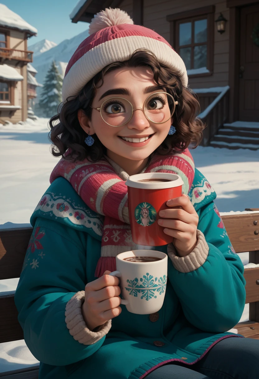 MirabelM, glasses 1girl, full sexy winter outfit in snow outside smile sitting drinking hot chocolate 