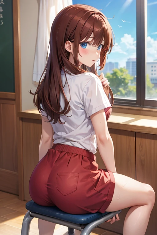 masterpiece、1 female student、Smile、Light pink lips、posing at school，（The whole body is soaked），legs are open， alone, Black polo shirt, looking at the audience,  (Thick thighs:1.0),Yazawa Nico,red eyes, Blushed,Blunt hair,hands on hips，greet，Floral headdress，White yoga pants，Cover the bottom with your hands，View from behind