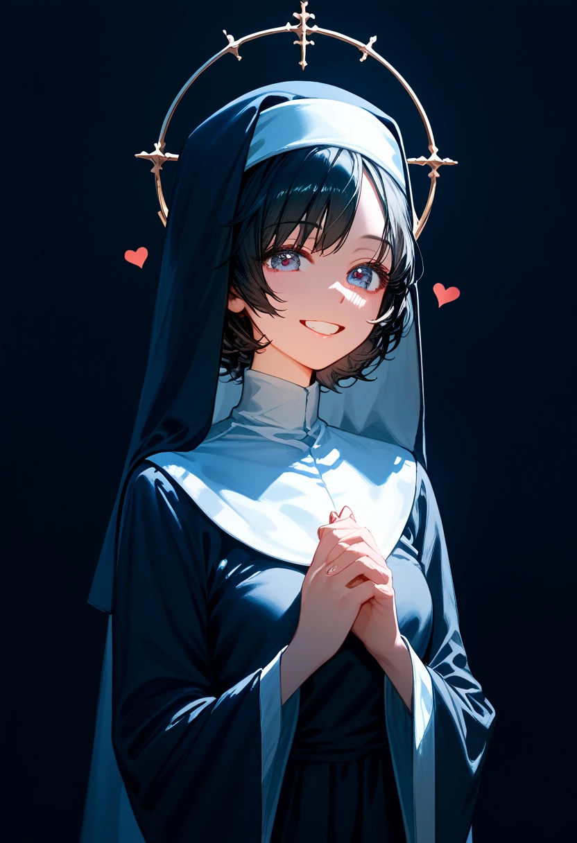 
Score_9,Score_8_up,Score_7_up,highest quality,detailed,1 girl,  anatomically correct 、The cutest goddess in the world、humble smile 、Short black hair、、Beautiful girl dressed as a nun、 make a heart with both hands
