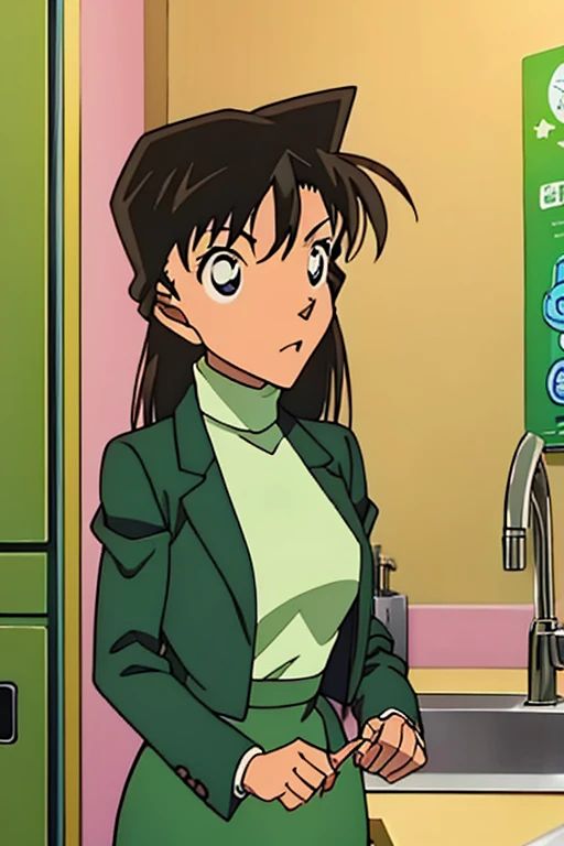 {{{mouri ran}}},{{{Detective Conan}}},{{{long hair}}},{{{official style}}},{{{adult}}},green dress one-piece dress,turtleneck green miniskirt, {light green cropped mini jacket},{light green cropped jacket},green socks,sink,laundry,kitchen,bringing upper body to the sink,open