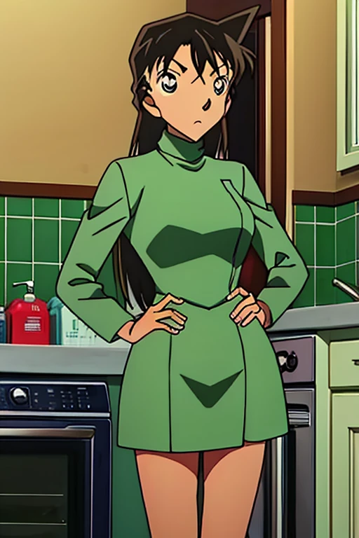 {{{mouri ran}}},{{{Detective Conan}}},{{{long hair}}},{{{official style}}},{{{adult}}},green dress one-piece dress,turtleneck green miniskirt, {light green cropped mini jacket},{light green cropped jacket},green socks,sink,laundry,kitchen,bringing upper body to the sink,open