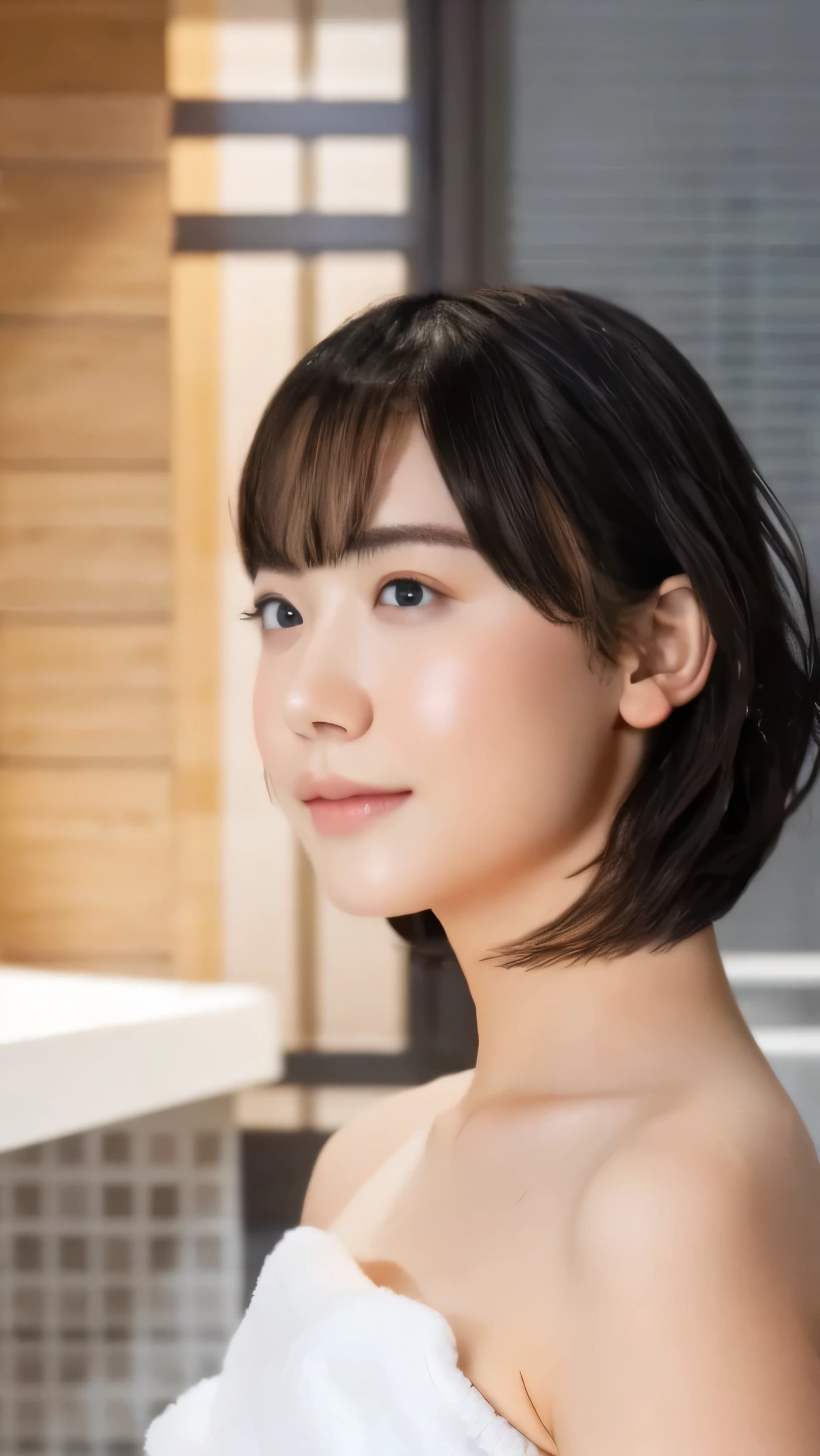 2 women、(masterpiece:1.3), (8K, Photoreal, Raw photo, best image quality: 1.4), Japanese, (2 girls), beautiful face, (lifelike face), (short hair:1.3), beautiful hairstyle, realistic eyes, beautiful eyes, (real looking skin), beautiful skin, Charm, 超A high resolution, surreal, high detail, golden ratio, detail makeup,see the beholder,medium chest、((Naked with a white towel))、wet hair、Face wet with sweat、Sweaty body、trimmed pubic hair、((whole body))、cooking in the kitchen、Side view
