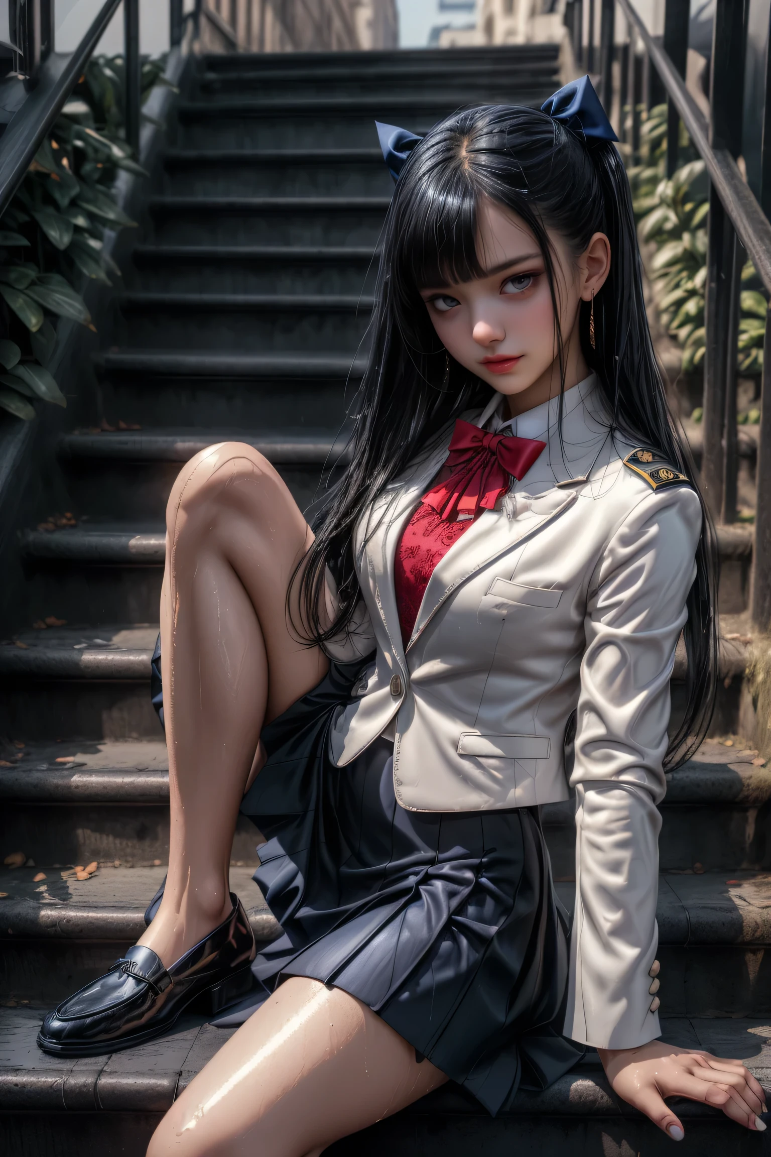 Royal sister in high heels, short skirt, beautiful figure, long legs, office, picture ratio 16:9, uniform, aesthetic