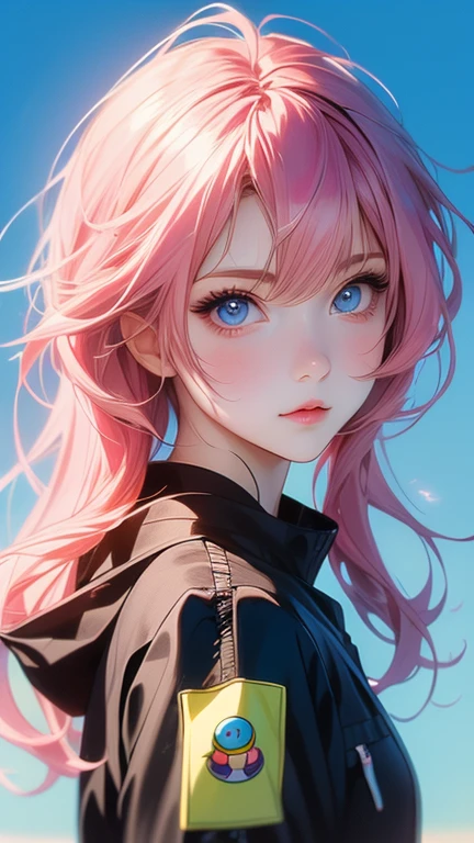 Anime girl with pink hair, blue eyes, wearing a black jacket, an anime drawing by Kamagurka, Pixar, realism, Cute anime girl portraits, anime style image, Cute anime girl portrait, anime girl portrait, anime art style, high quality anime art, anime style character, anime girl girl, beautiful anime art style, Cute anime girl