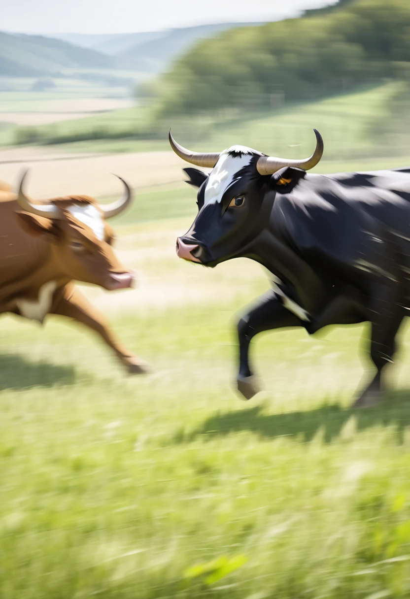  dark-haired young man in the countryside "Asuka"and dark-haired woman "Haruna" closes their eyes and eats yakiniku with a big smile , background:A herd of cows is looking at us with frightened eyes