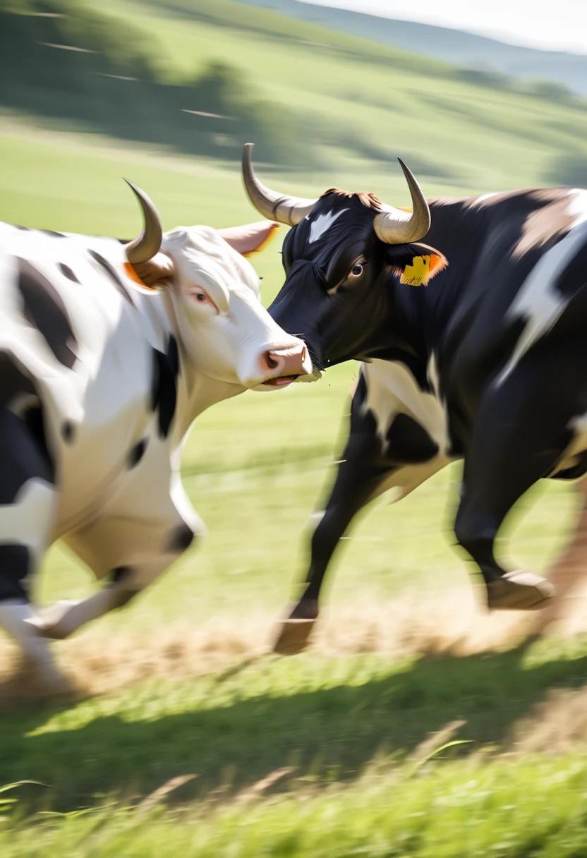  dark-haired young man in the countryside "Asuka"and dark-haired woman "Haruna" closes their eyes and eats yakiniku with a big smile , background:A herd of cows is looking at us with frightened eyes