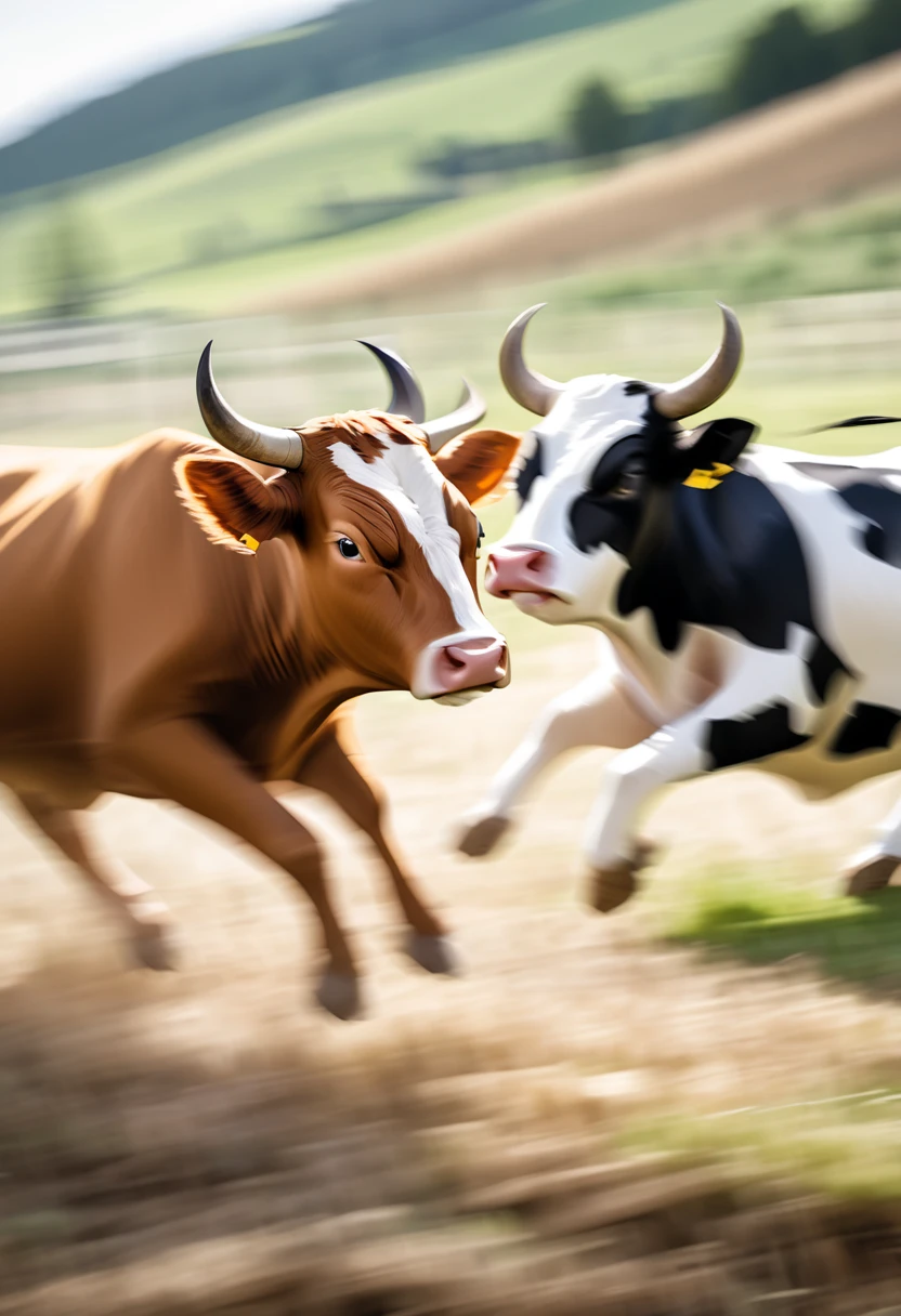  dark-haired young man in the countryside "Asuka"and dark-haired woman "Haruna" closes their eyes and eats yakiniku with a big smile , background:A herd of cows is looking at us with frightened eyes