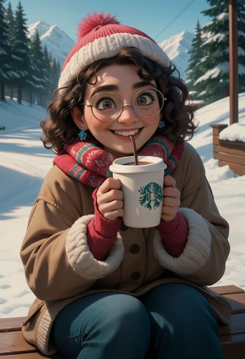 MirabelM, glasses 1girl, full sexy winter outfit in snow outside smile sitting drinking hot chocolate 