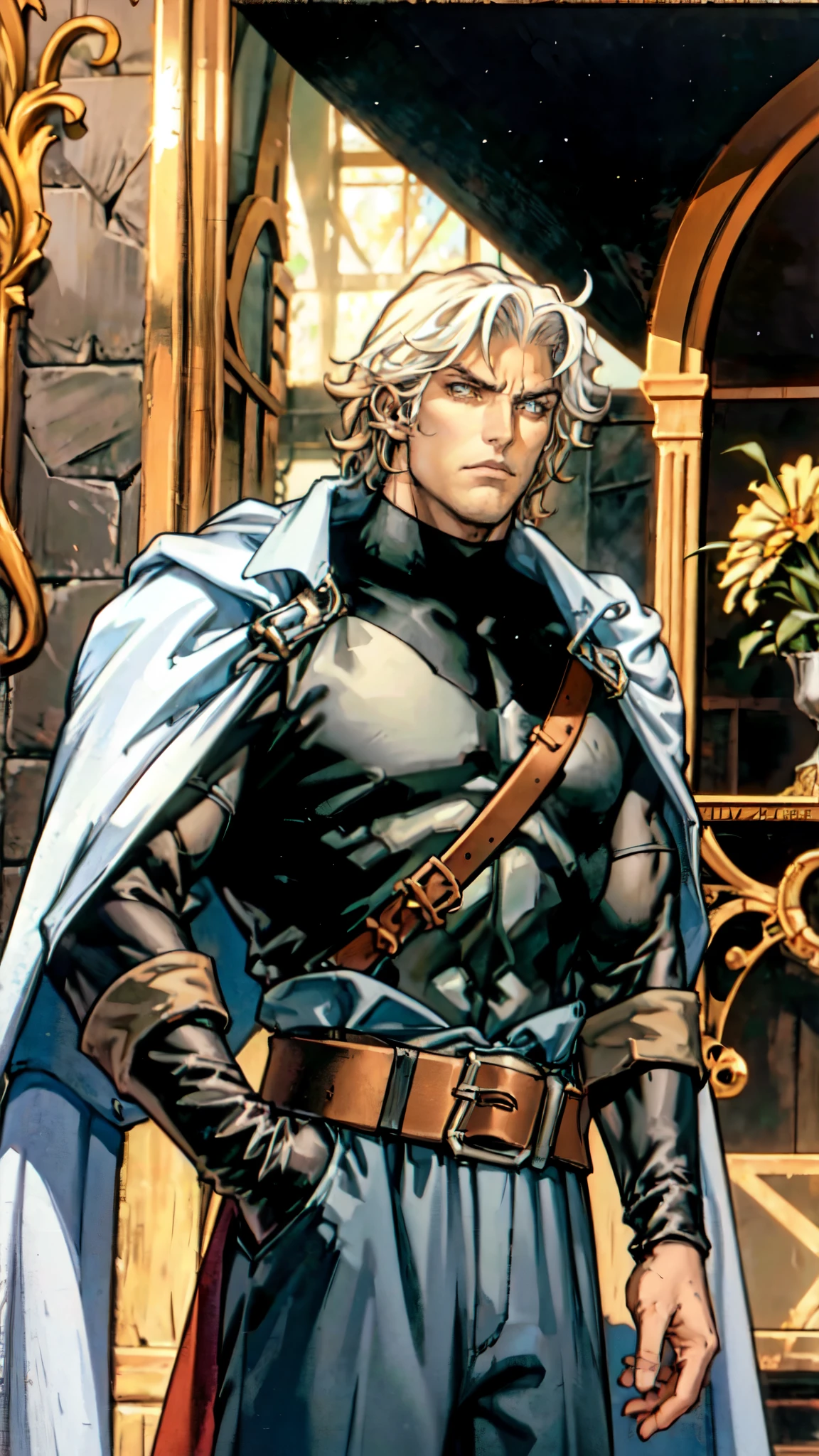 (masterpiece:1.2, best quality:1.2, extremely delicate:1.2), ((male:1.5)), a middle-aged man with short tousled golden hair, deep-set eyes, sharply defined features, serious expression, luxurious yellow-and-white fantasy-style composite silk satin top, silk ribbon cape around the upper body, small metallic shoulder pads, fabric gloves, a belt adorned with metallic gear decorations, dark hem, white fabric trousers, strolling in a medieval fantasy-style city, this character embodies a finely crafted fantasy-style nobleman in anime style, exquisite and mature manga art style, dramatic, high definition, highres, ultra-detailed, ultra-fine painting, professional, perfect body proportions, golden ratio, anatomically correct, symmetrical face, extremely detailed eyes and face, high quality eyes, creativity, RAW photo, UHD, 32k, Natural light, cinematic lighting, (masterpiece-anatomy-perfect:1.2)
