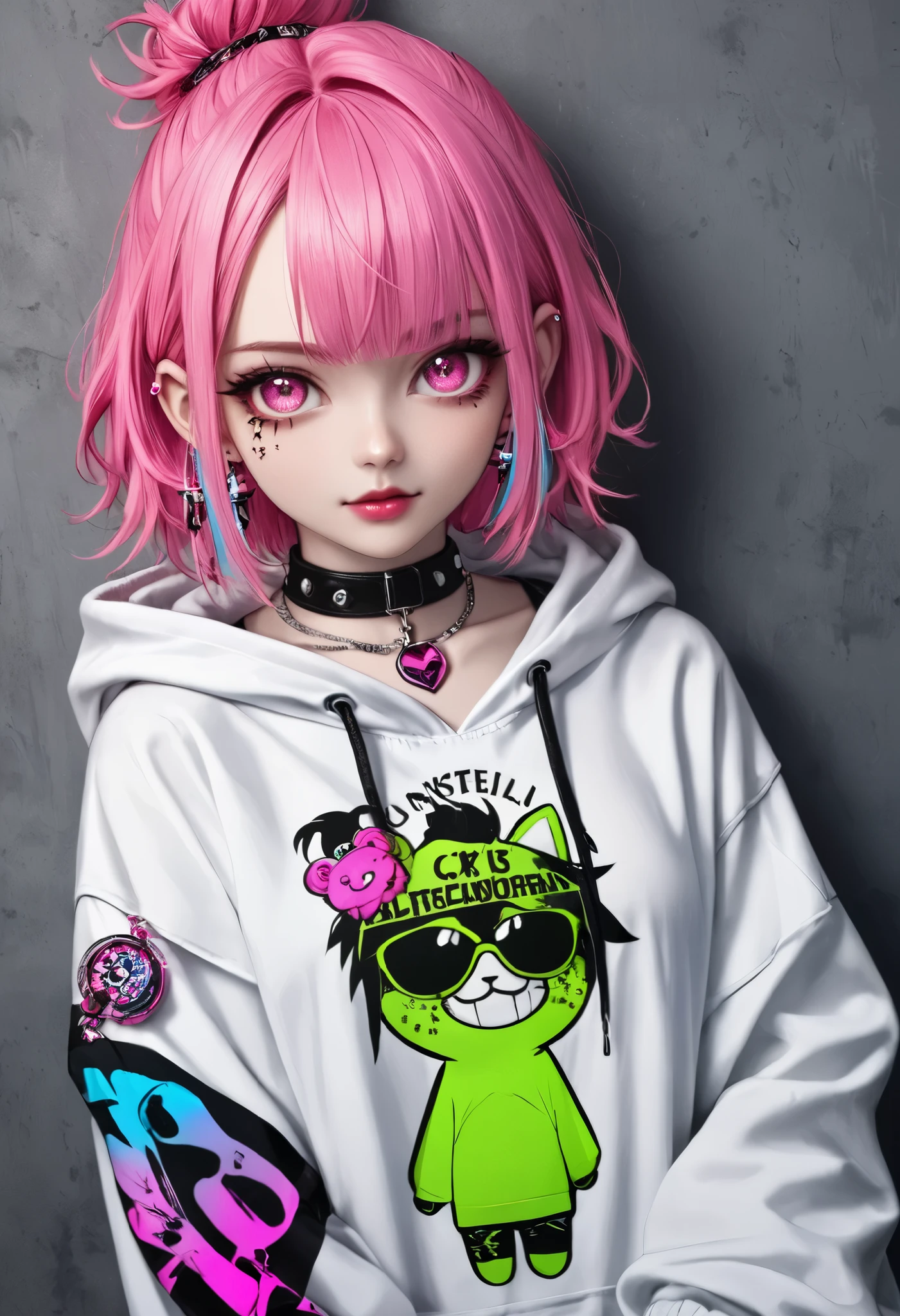 masterpiece, best quality, 8k, highres, ultra-detailed, HDR, UHD, studio lighting, extreme detail description, professional ,dark gothic,punk fashion, pink hair, neon accents, smirking expression, lollipop in mouth, white hoodie, layered necklaces, cross pendant, edgy style, rebellious vibe, ear piercings, vibrant colors, gothic aesthetic, cool demeanor, streetwear details, energetic pose, modern character design