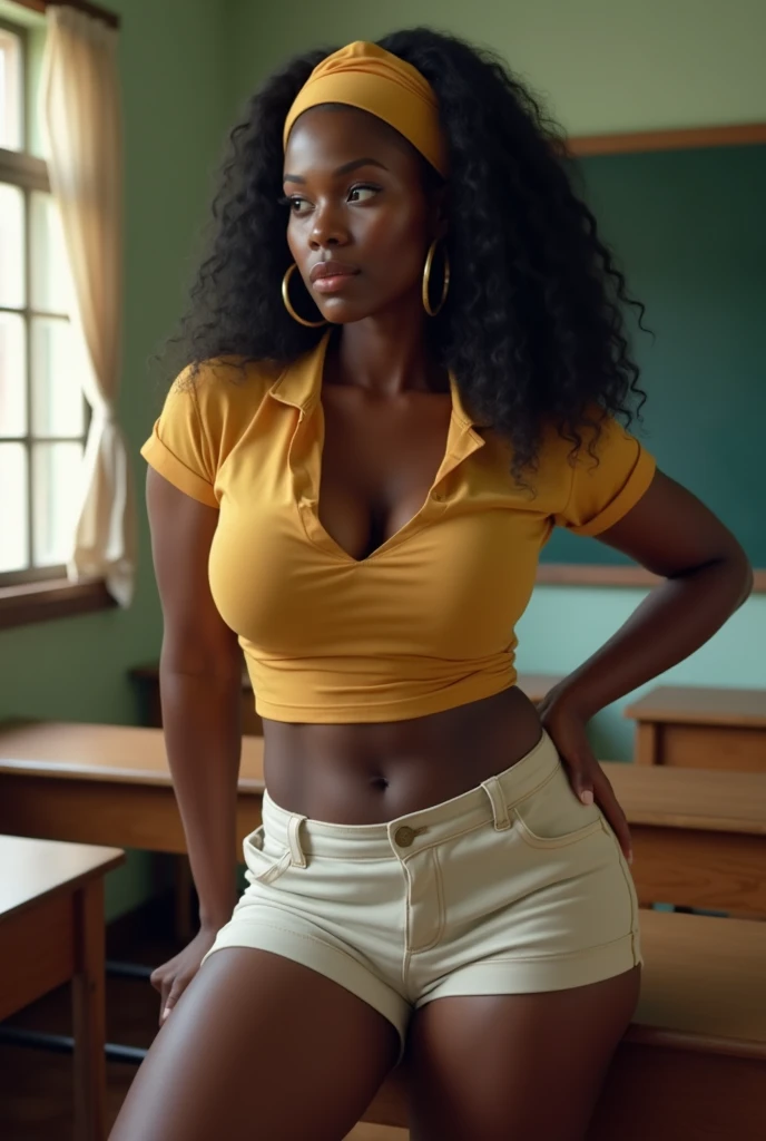 Masterpiece, high quality, high resolution, 18 years old, volumetric lighting, baby face, subsurface scattering, 8k, Beautiful woman, (dark skin), phillipino, college student, uniform, (yellow dress, jeans), wavy hair, headband, hoope earings, classroom, sexy pose, seductive pose, ((slim thick body:1.0)), thick thighs, round-butt, open mouth, big lips, screaming, ??????, night time, eyes closed, Masterpiece, Professional lighting, 16k, 8k wallpaper, raw photo, photo-realistic:1.8, ultra detailed, natural lighting