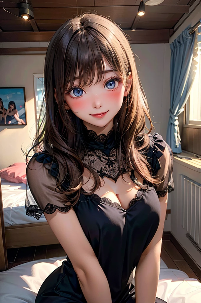 photorealism, highest quality, ultra high resolution, photograph, exquisitely beautiful photograph, extraordinary beauty, cheek gloss highlight, perfect body, Biologically accurate, cute and beautiful face details, beautiful bangs, shining white skin, bangs, between the eyes, beautiful glossy hair, smooth hair, thin hair, high resolution eyes, beautiful, bright and transparent, Big eyes that shine charmingly, eyeliner, double eyelid, focus on the whole body:1.5, 下からのphotograph, adult woman, 20 years ago, 1 person, Half-taken clothes, Undressing, (黄色のlace pantiesー), wavy hair, short shiny hair, (lace bra, soft big breasts:1.3), lace panties, firm chest, soft thighs, blue gray eyes, smile, 優しいsmile, fun, small earrings, Undressing所, Undressing中,