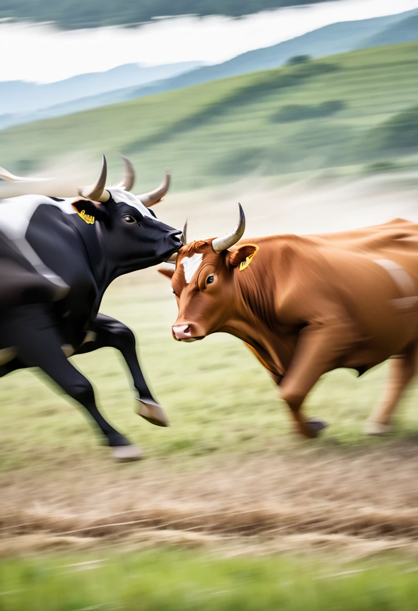  dark-haired young man in the countryside "Asuka"and dark-haired woman "Haruna" closes their eyes and eats yakiniku with a big smile , background:A herd of cows is looking at us with frightened eyes