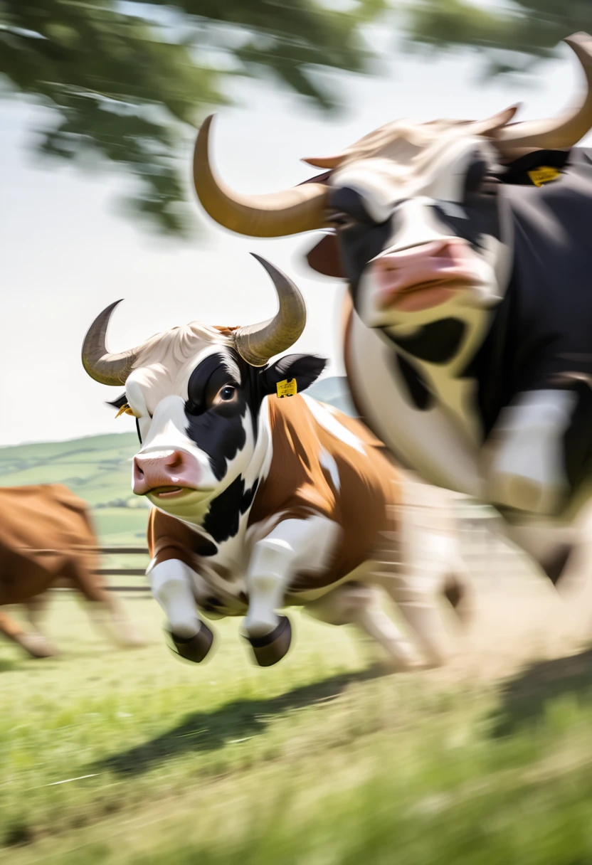  dark-haired young man in the countryside "Asuka"and dark-haired woman "Haruna" closes their eyes and eats yakiniku with a big smile , background:A herd of cows is looking at us with frightened eyes