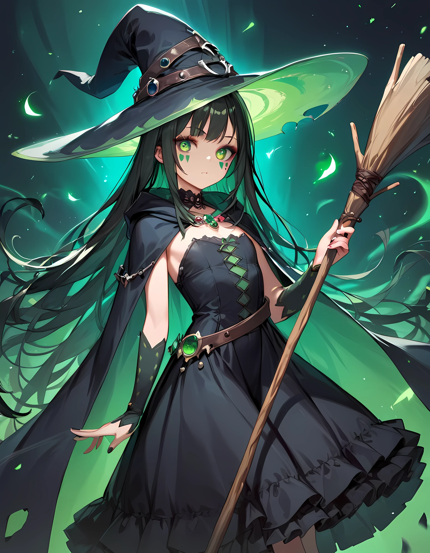 score_9, score_8_up, score_7_up,source_anime, high res image,masterpiece,best quality,girl,cute face,clear skin,shiny hair,ultra detailed eyes、flat chest、 looking down from above、witch costume, pointed hat, black flowing dress, broomstick, green face paint, long cape, gothic jewelry, dark makeup, mystical aura