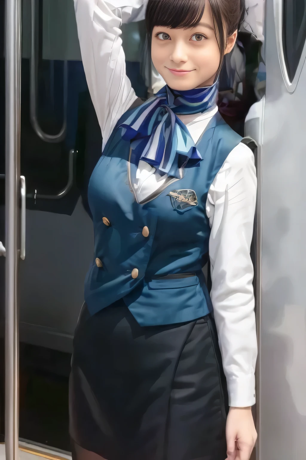 (masterpiece:1.2,  best quality:1.2), 32kHDR,  kampala, (Alone、  1 girl)、（What is 、  professional lighting）、In-flight background、（Nankai Train crew uniformを着たリアルなスタイル）、（（Nankai train crew uniform green vest））、（（ Nankai train crew uniform collarless white long sleeve blouse）） 、（（Black Curly Culotte Skirt 、Scarf around the neck））、 Dark brown hair 、（ Long Hair、Hair tied up、Hair tied up）、 Dark brown hair 、 Long Hit 、Big Breasts、Thin legs、（（ amazing hands：2.0）），（（  Harmonious Body Proportions ：1.5）），（（Normal limbs：2.0）），（（Usually refers to：2.0）），（（ delicate eyes ：2.0）），（（Normal eyes：2.0））)、smile、（Nankai Train crew uniformを着た美しい姿）、Hands clasped underneath
