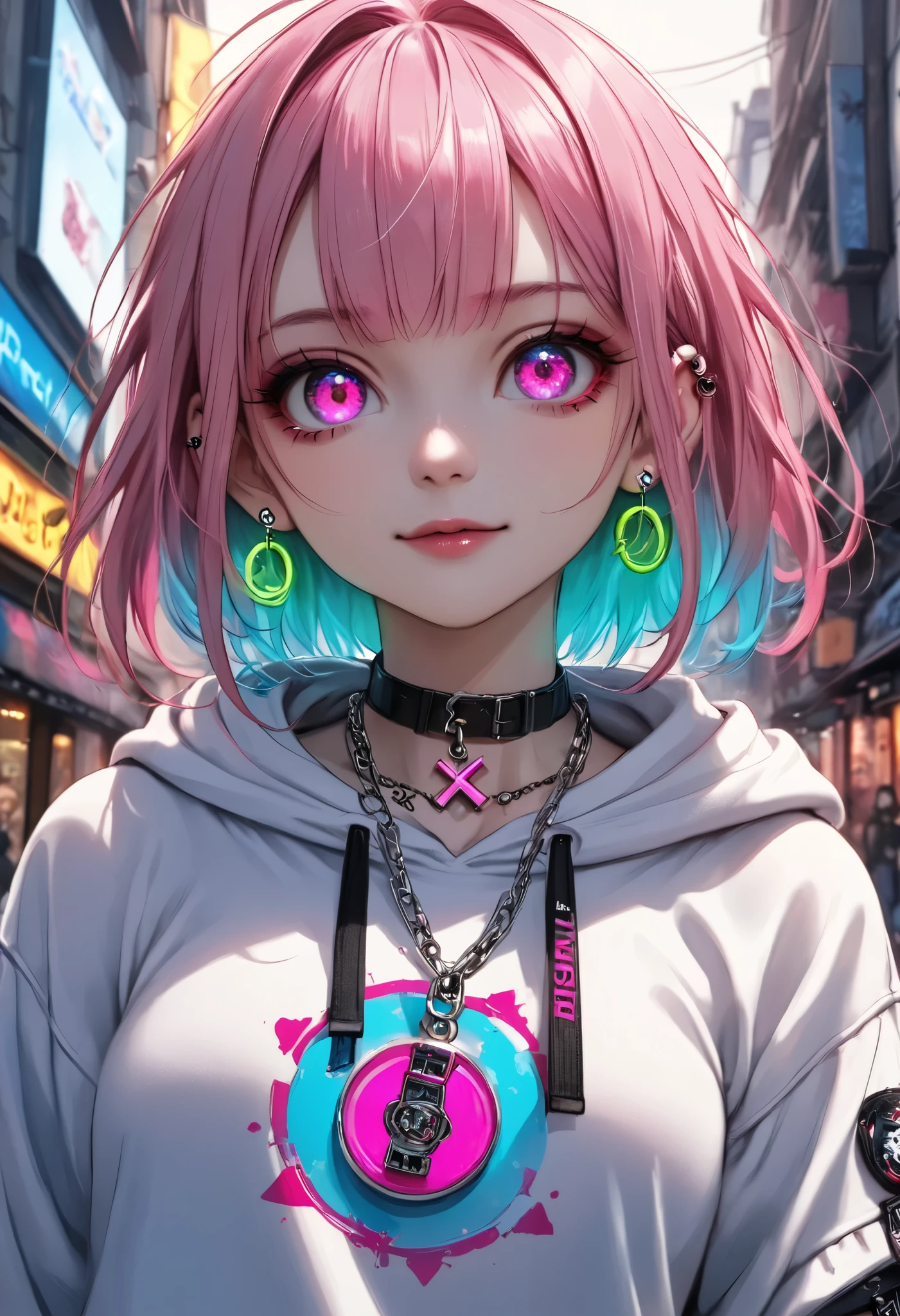 masterpiece, best quality, 8k, highres, ultra-detailed, HDR, UHD, studio lighting, extreme detail description, professional ,dark gothic,punk fashion, pink hair, neon accents, smirking expression, lollipop in mouth, white hoodie, layered necklaces, cross pendant, edgy style, rebellious vibe, ear piercings, vibrant colors, gothic aesthetic, cool demeanor, streetwear details, energetic pose, modern character design