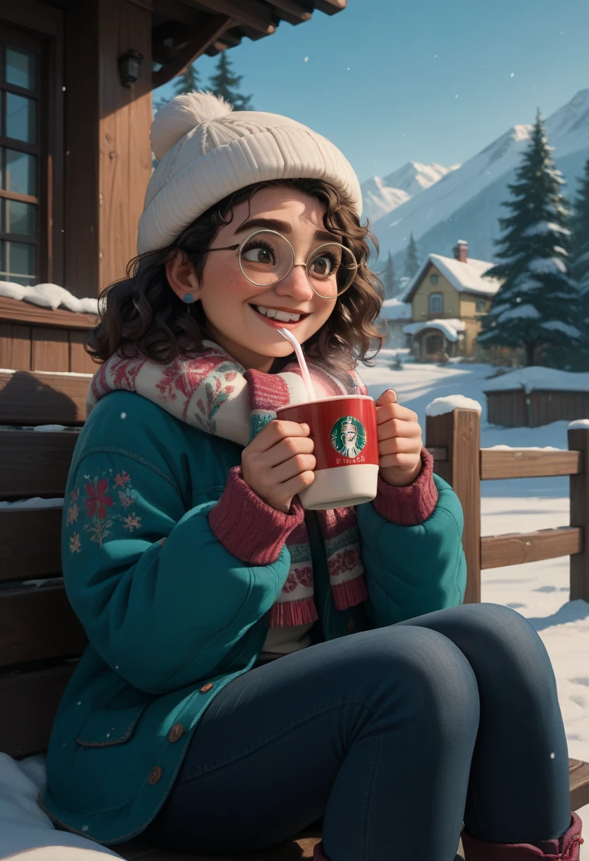 MirabelM, glasses 1girl, full sexy winter outfit in snow outside smile sitting drinking hot chocolate 