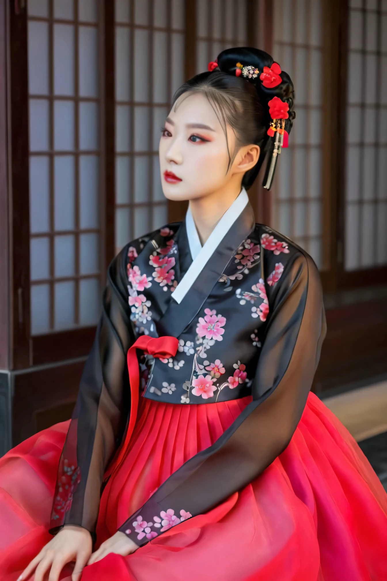 A Korean man in women's hanbok, hi is crossdresser, His face and hairstyle are very masculine, silk, sexy hanbok for sexy women, breasts like a woman, black and red, slender female body, see-through jacket, satin, floral pattern, little side view, sit quietly